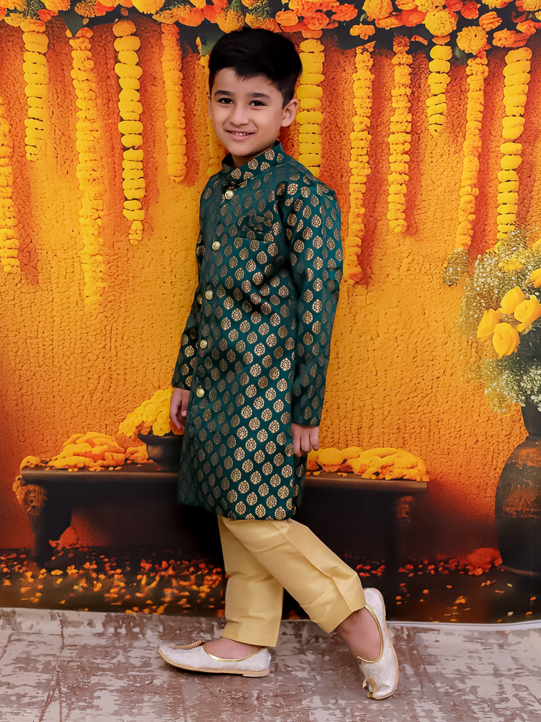 BownBee Front Open Jacquard Sherwani with Pajama Set for Boys- Green
