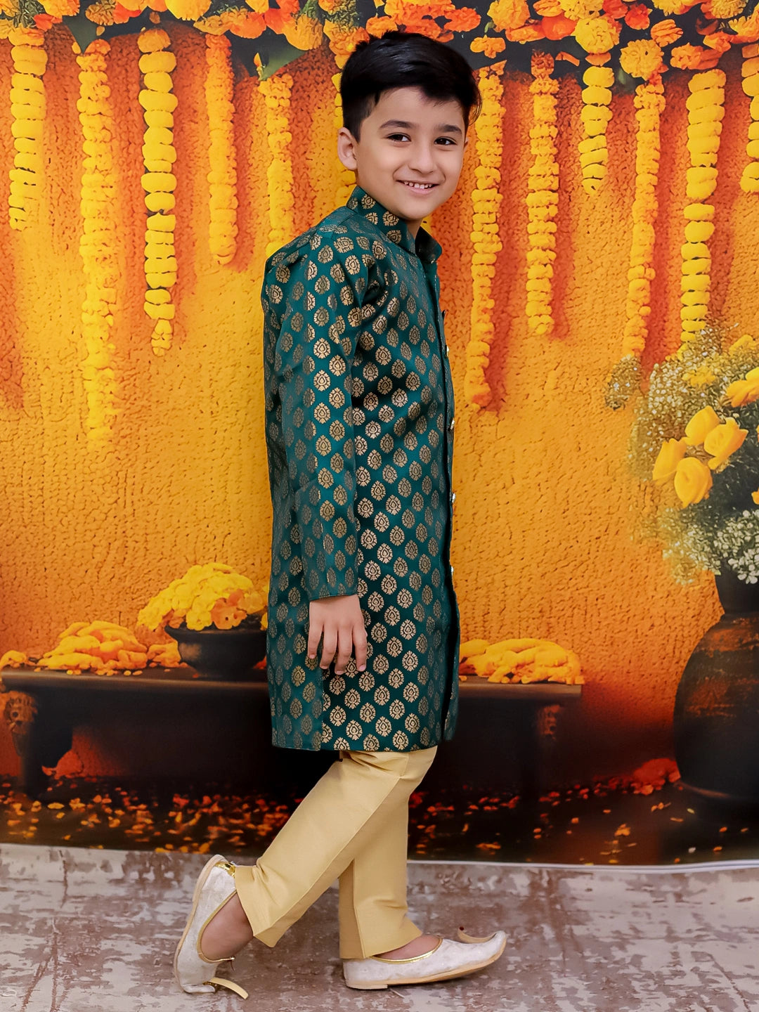 BownBee Front Open Jacquard Sherwani with Pajama Set for Boys
