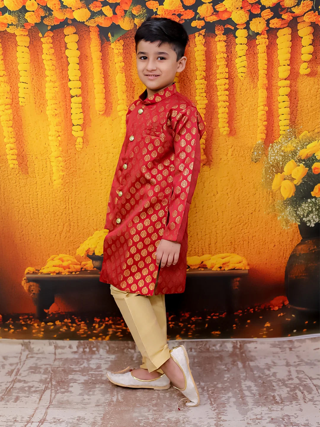 BownBee Front Open Jacquard Sherwani with Pajama Set for Boys