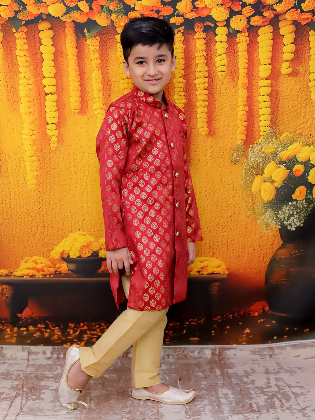BownBee Front Open Jacquard Sherwani with Pajama Set for Boys- Maroon