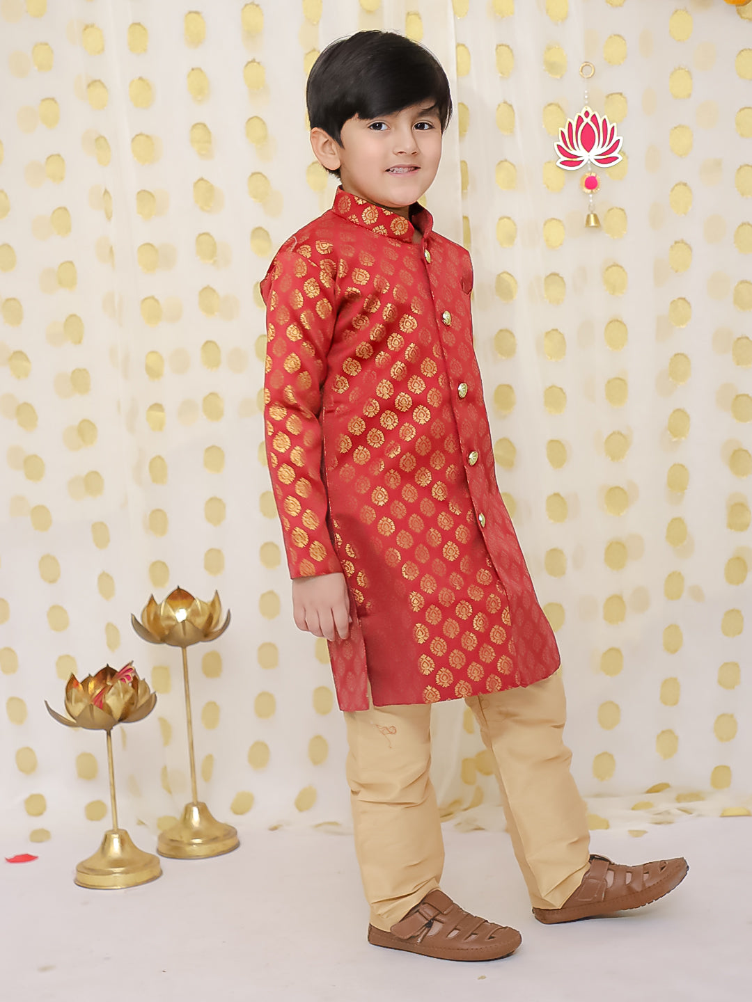 BownBee Front Open Jacquard Sherwani with Pajama Set for Boys- Maroon