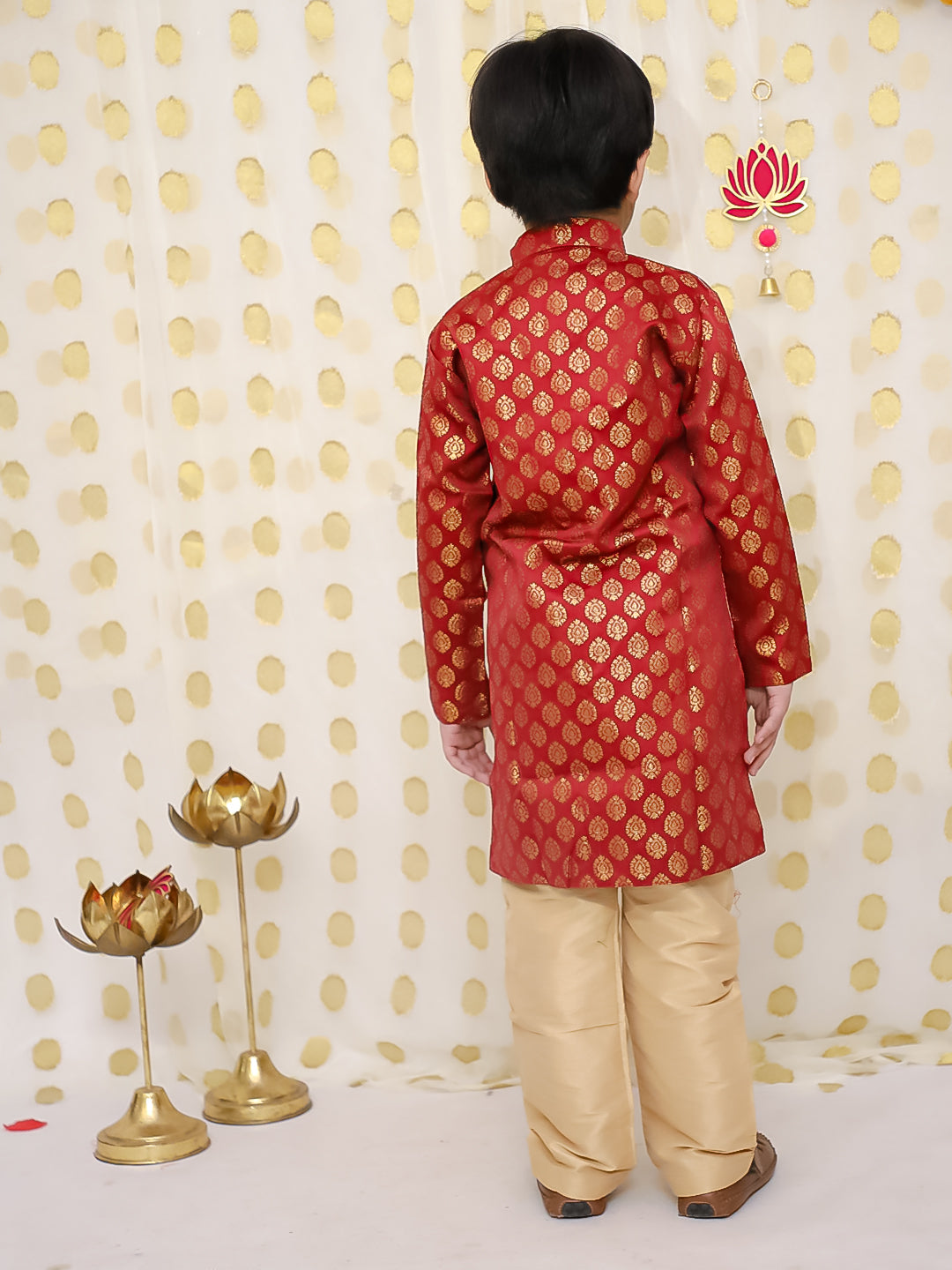 BownBee Front Open Jacquard Sherwani with Pajama Set for Boys- Maroon