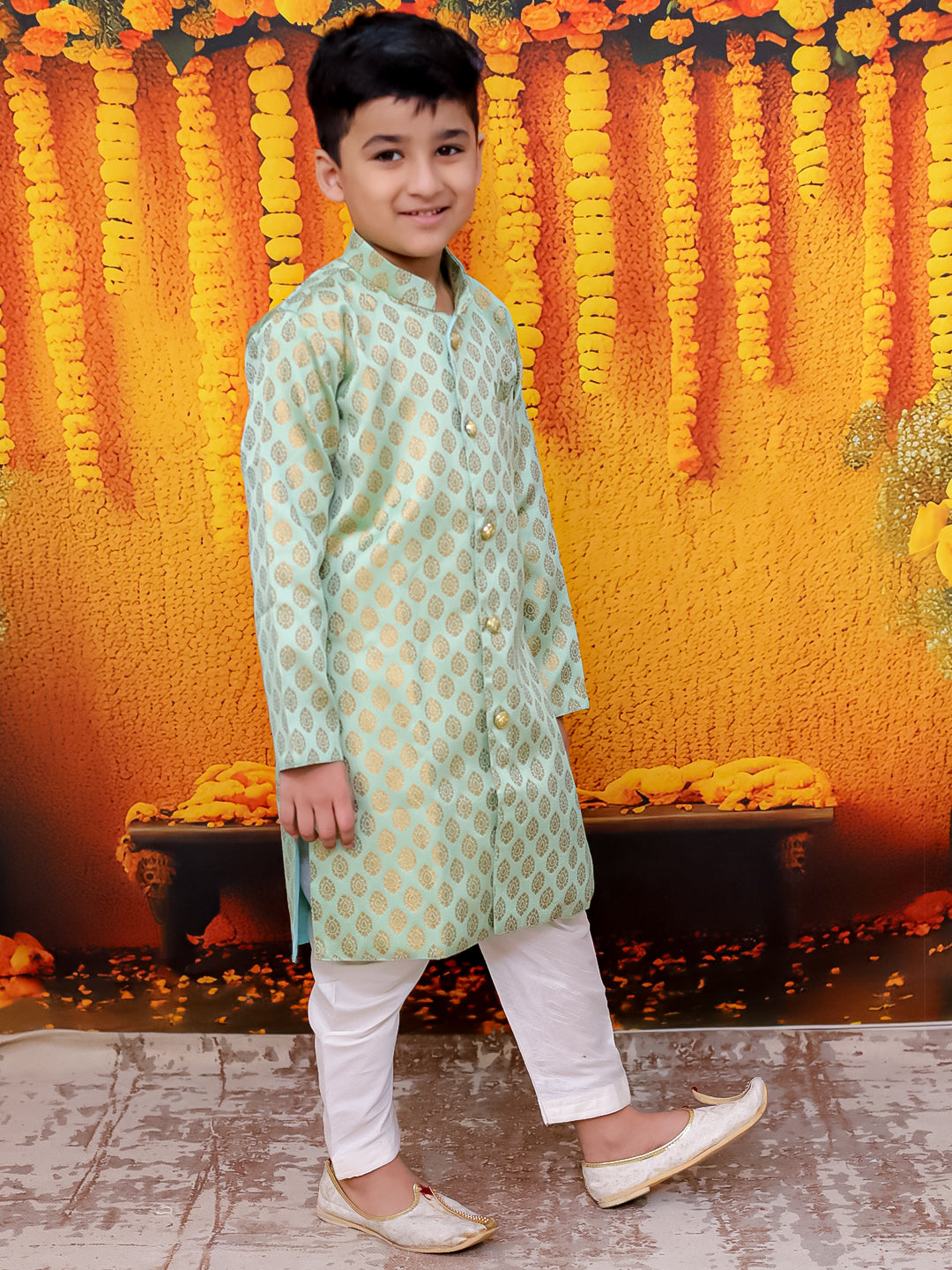 BownBee Front Open Jacquard Sherwani with Pajama Set for Boys- Green