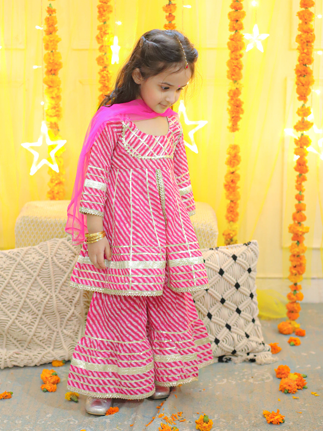 BownBee Pure Cotton Printed Leheriya Kurta Pajama for Boys- Pink with Pure Cotton Printed Kurta Sharara with Dupatta for Girls- Pink