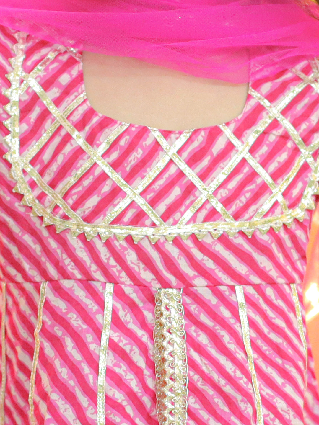 BownBee Pure Cotton Printed Leheriya Kurta Pajama for Boys- Pink with Pure Cotton Printed Kurta Sharara with Dupatta for Girls- Pink
