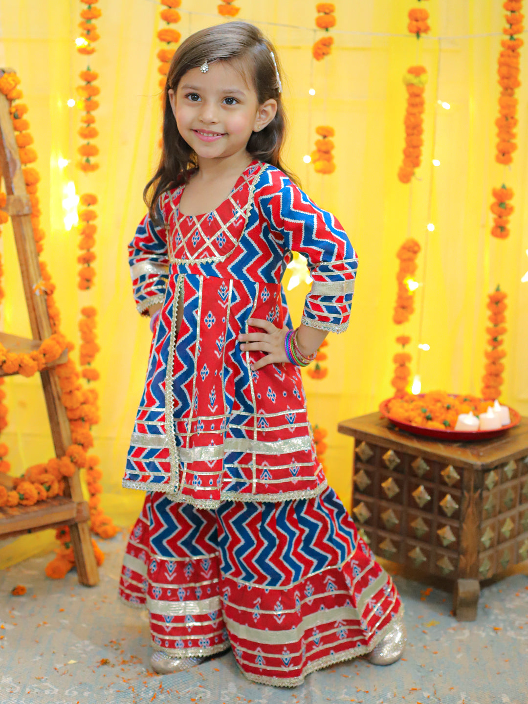 BownBee Girls Ethnic Festive Wear Pure Cotton Printed  with Gotta patti Kurta Sharara - Red