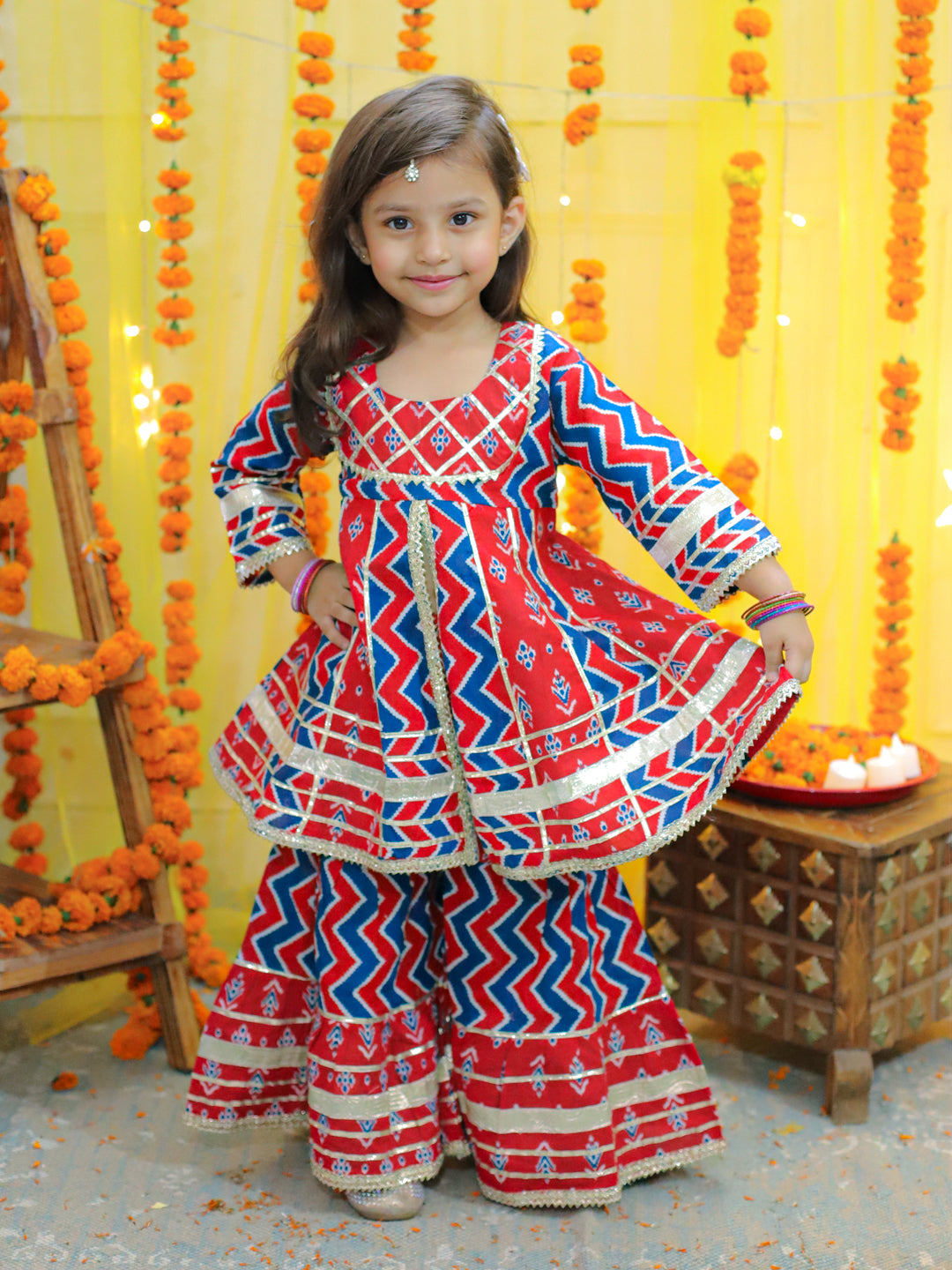 BownBee Girls Ethnic Festive Wear Pure Cotton Printed  with Gotta patti Kurta Sharara - Red