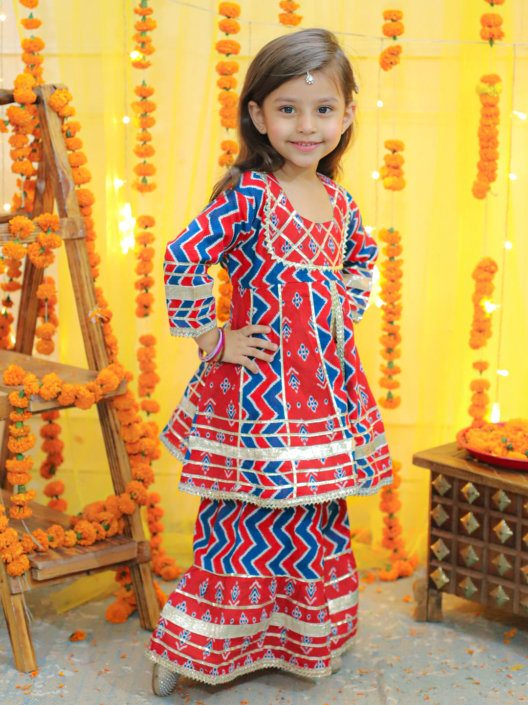 BownBee Girls Ethnic Festive Wear Pure Cotton Printed  with Gotta patti Kurta Sharara - Red