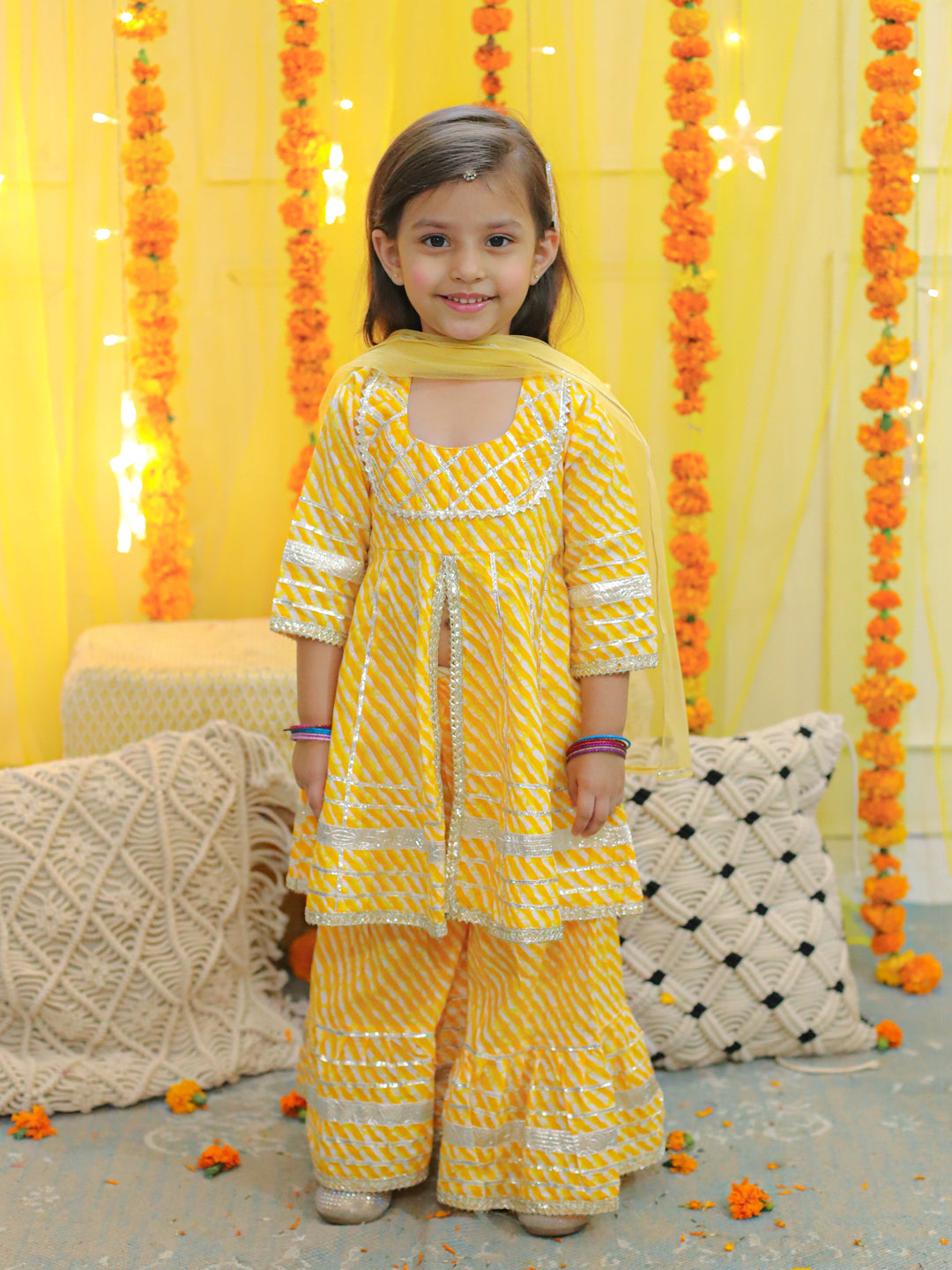 BownBee Pure Cotton Printed Leheriya Kurta Pajama for Boys- Yellow with Pure Cotton Printed Kurta Sharara with Dupatta for Girls- Yellow