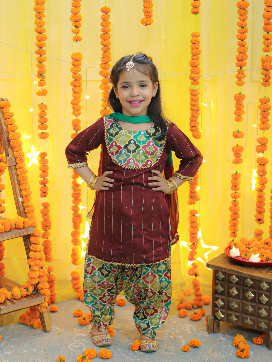BownBee Printed Full Sleeve Sherwani with Cotton Dhoti and Chanderi Kurta with Printed Salwar and Dupatta for Girls- Maroon
