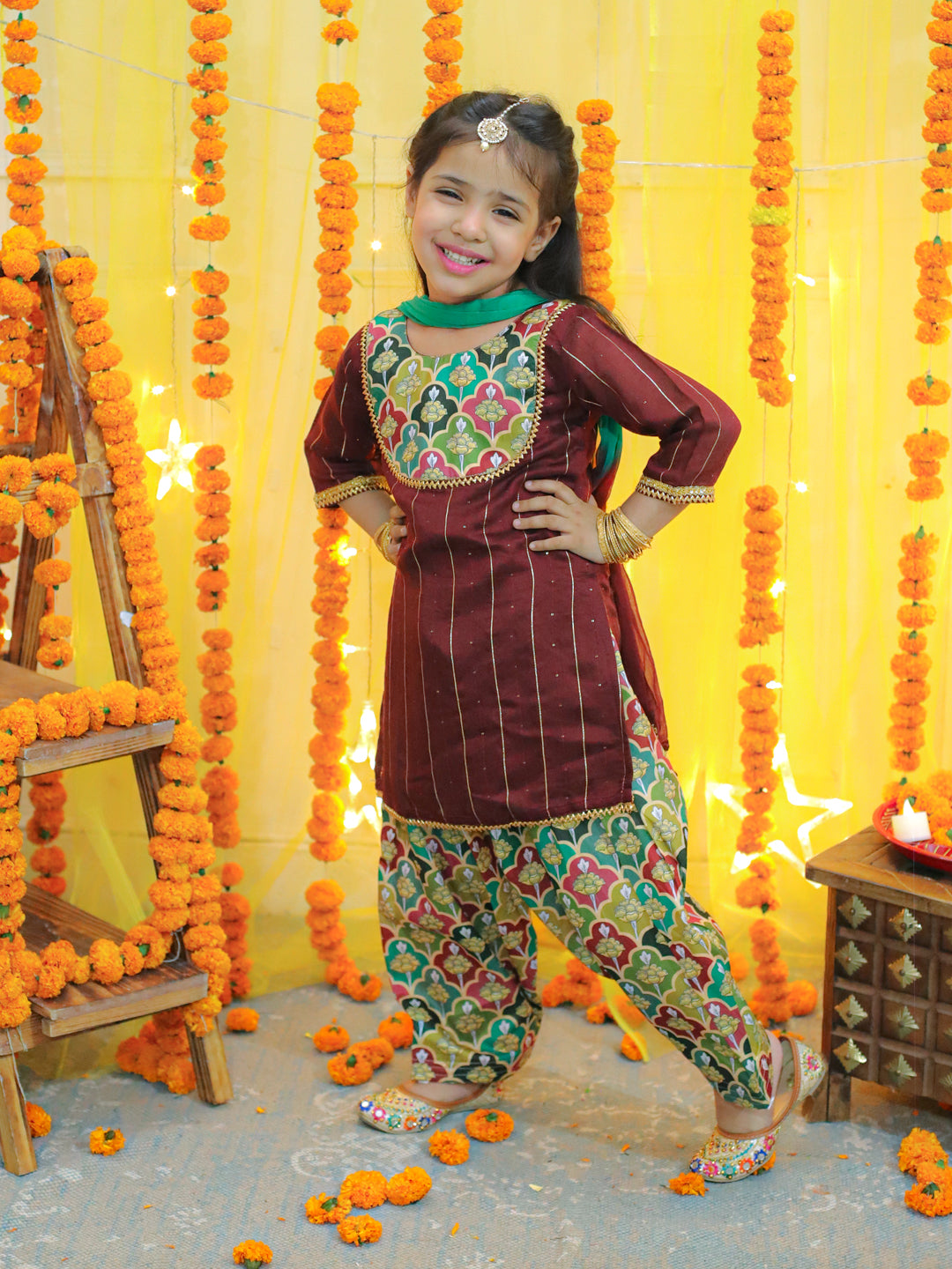 BownBee Printed Full Sleeve Sherwani with Cotton Dhoti and Chanderi Kurta with Printed Salwar and Dupatta for Girls- Maroon