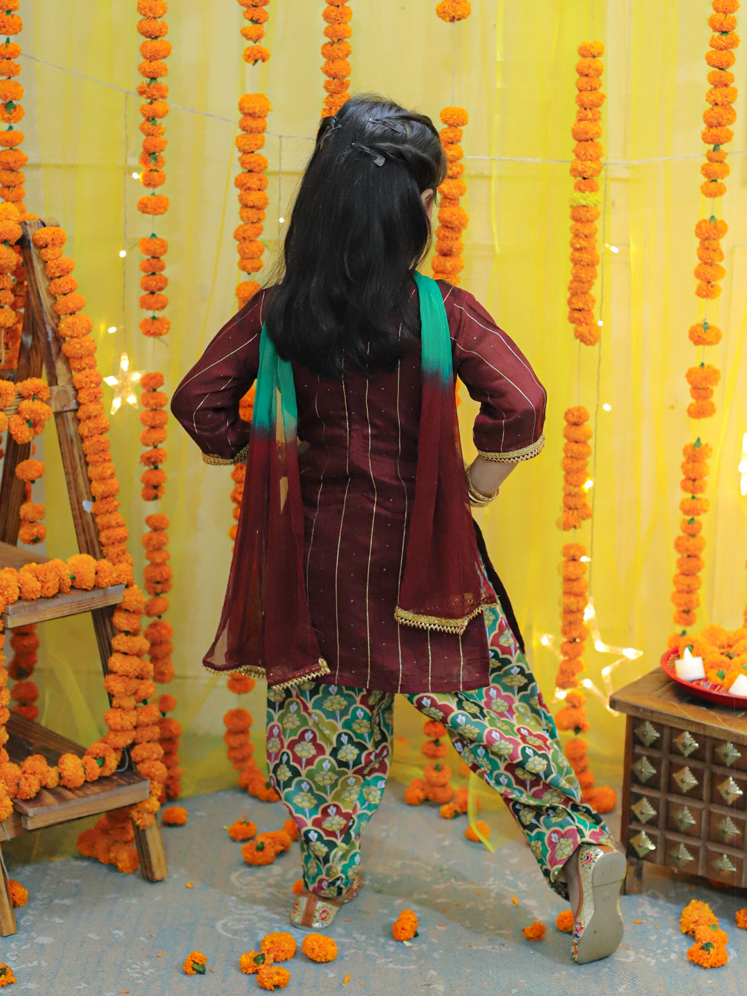 BownBee Girls Ethic Traditional  Indian Festive Chanderi Kurta with Printed Salwar and Dupatta - Maroon