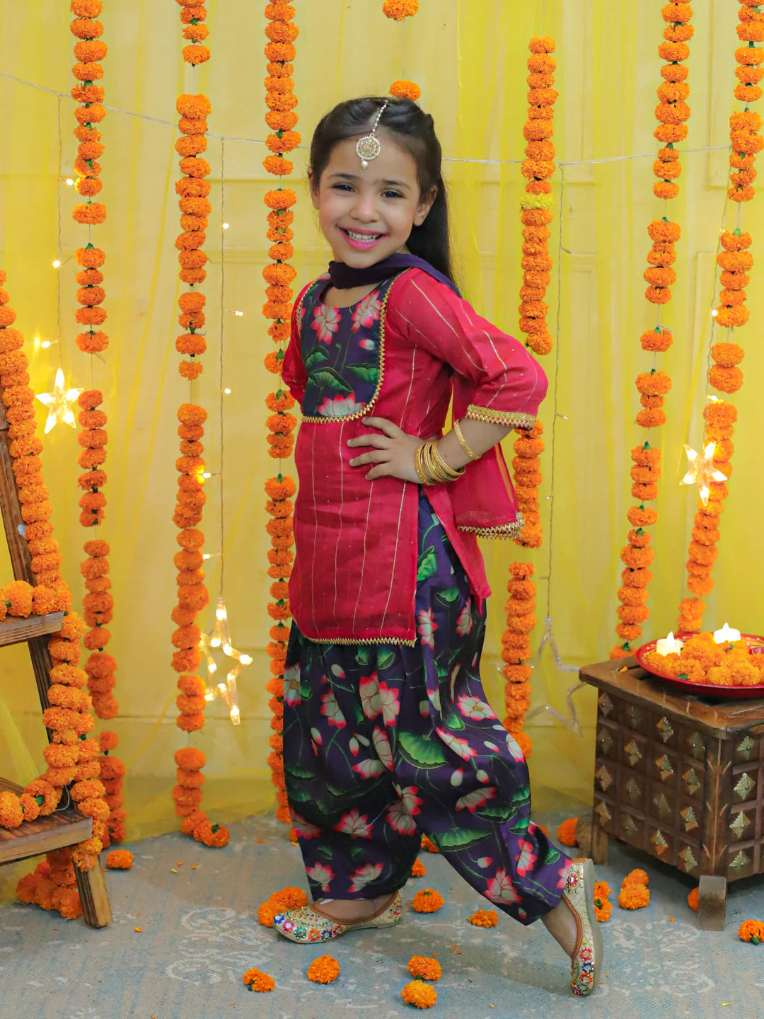 BownBee Girls Ethic Traditional  Indian Festive Chanderi Kurta with Printed Salwar and Dupatta
