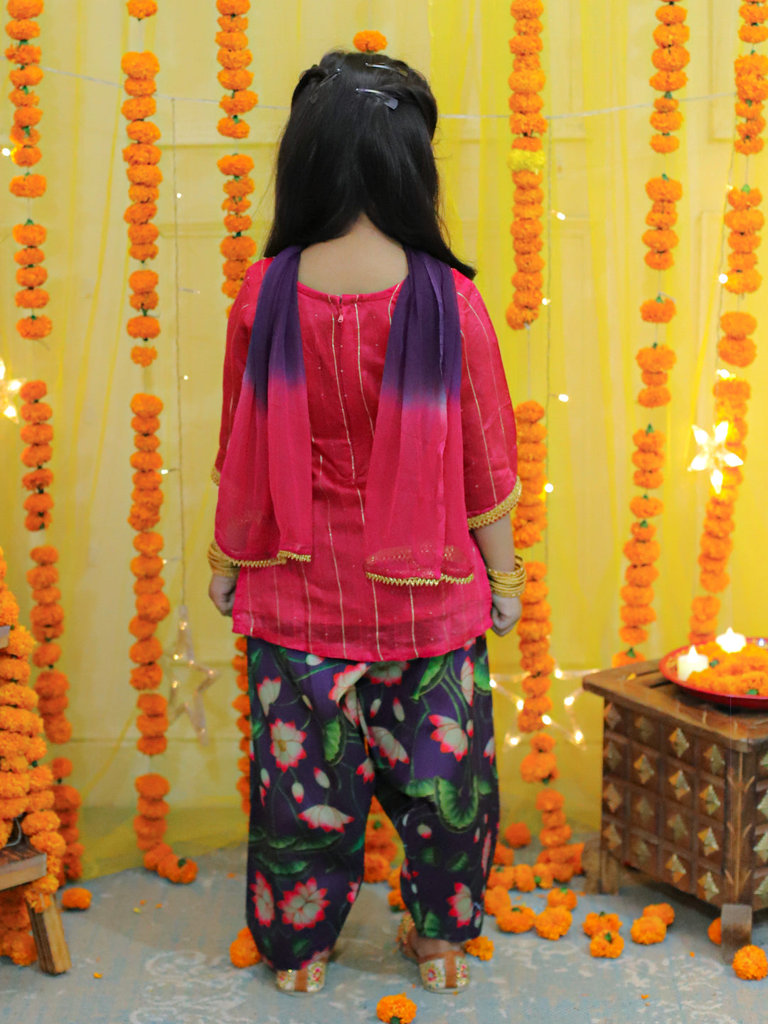 BownBee Girls Ethic Traditional  Indian Festive Chanderi Kurta with Printed Salwar and Dupatta - Pink