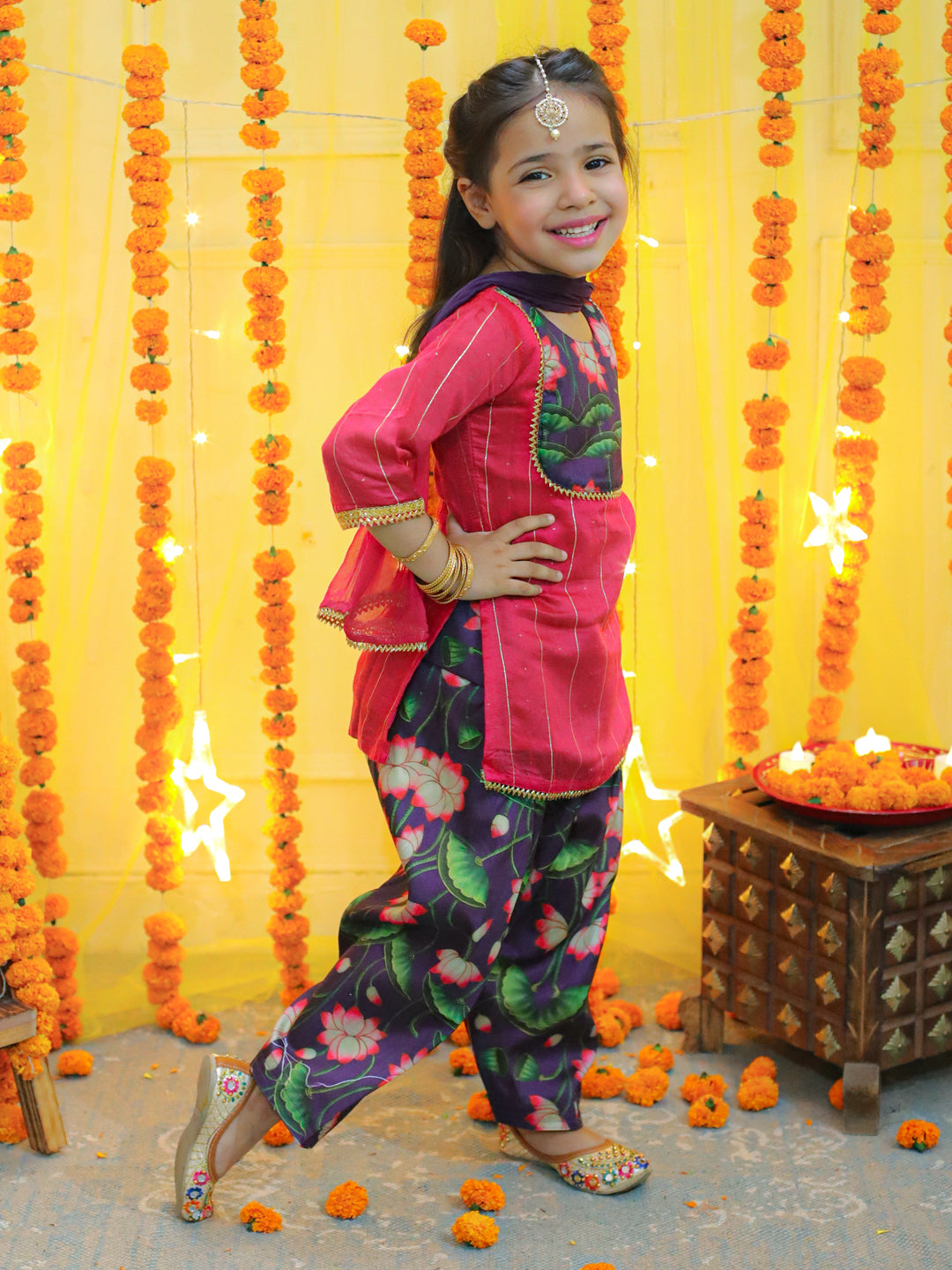 BownBee Girls Ethic Traditional  Indian Festive Chanderi Kurta with Printed Salwar and Dupatta - Pink