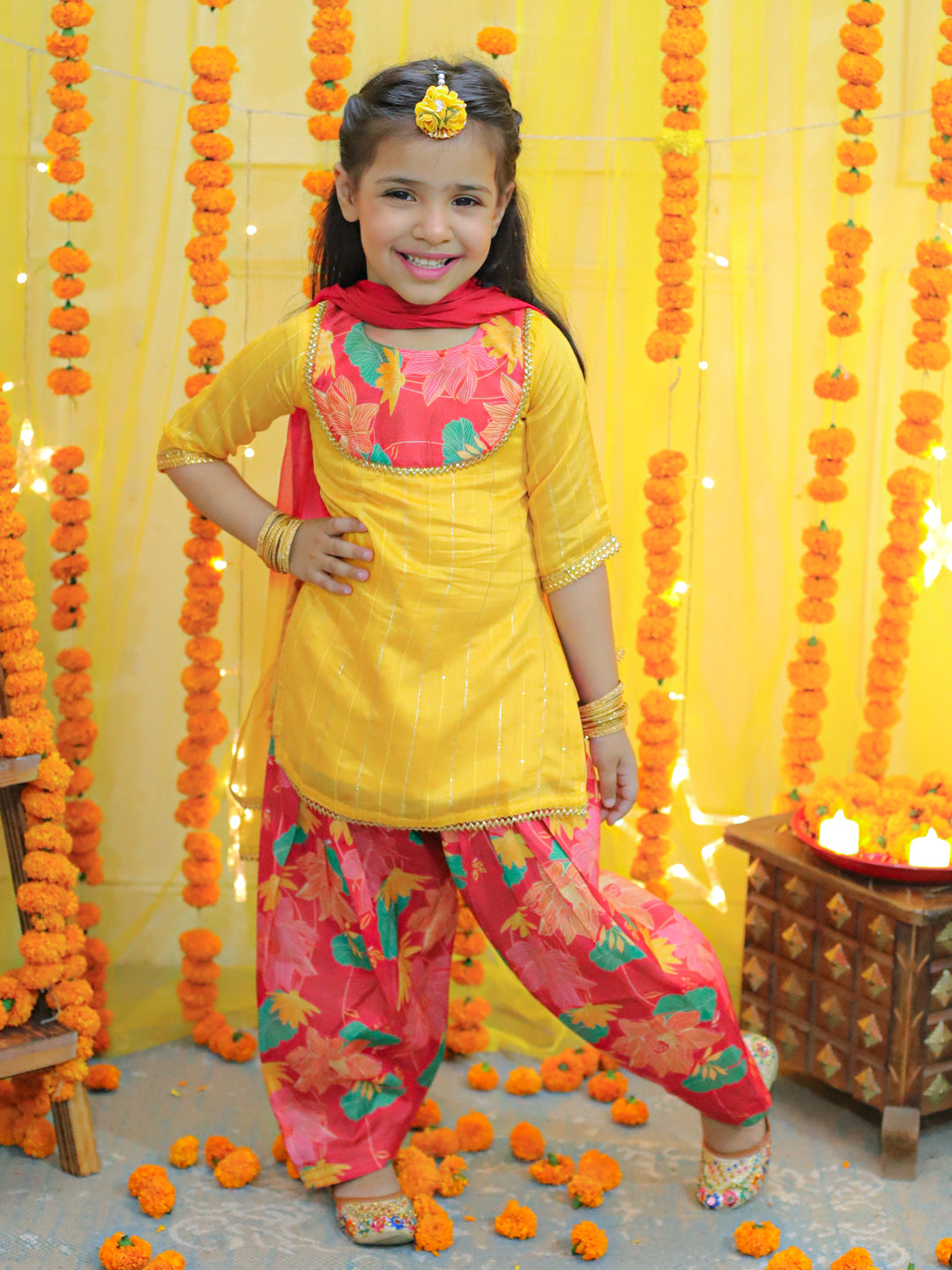 BownBee Printed Full Sleeve Sherwani with Cotton Dhoti and Chanderi Kurta with Printed Salwar and Dupatta for Girls- Yellow
