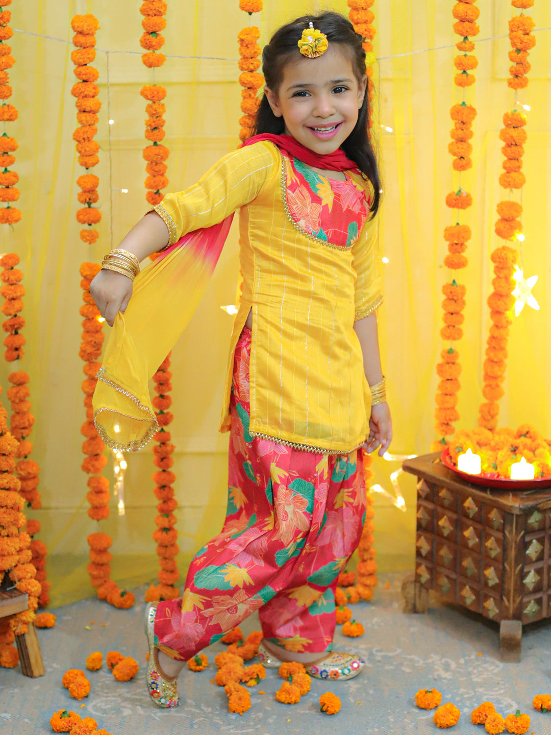 BownBee Printed Full Sleeve Sherwani with Cotton Dhoti and Chanderi Kurta with Printed Salwar and Dupatta for Girls- Yellow