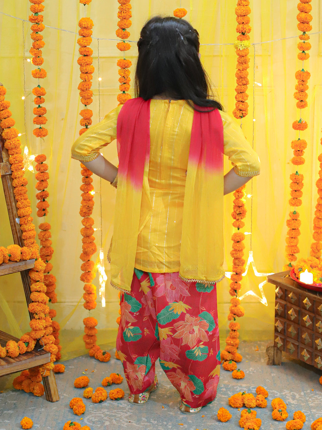 BownBee Printed Full Sleeve Sherwani with Cotton Dhoti and Chanderi Kurta with Printed Salwar and Dupatta for Girls- Yellow