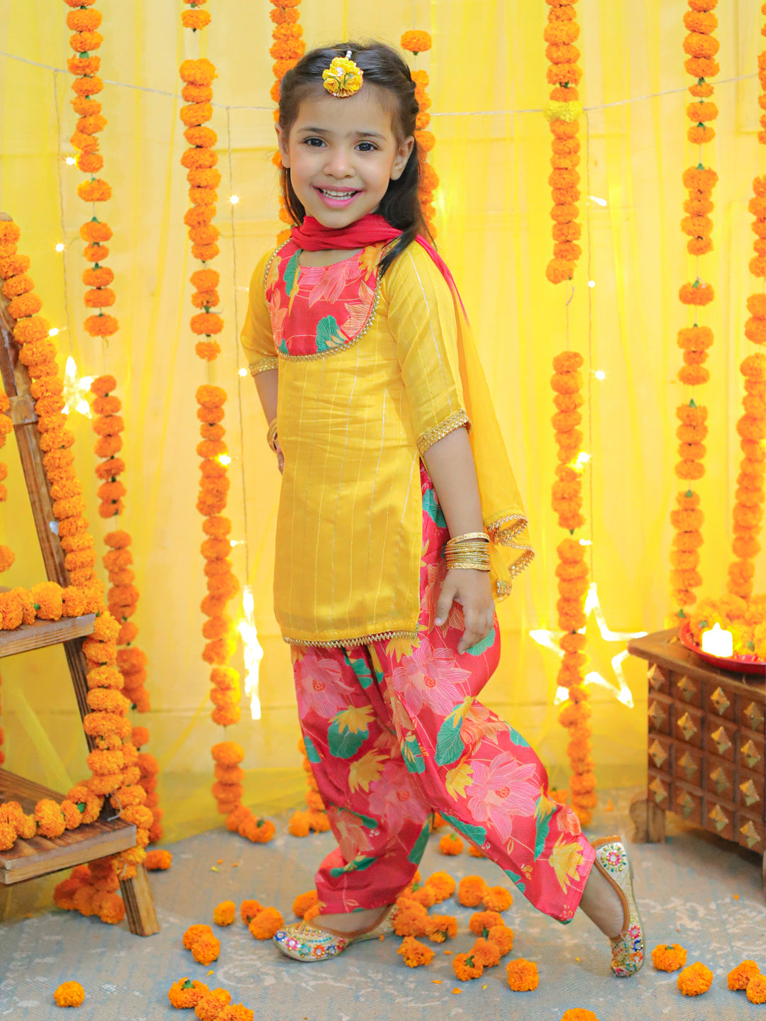 BownBee Printed Full Sleeve Sherwani with Cotton Dhoti and Chanderi Kurta with Printed Salwar and Dupatta for Girls- Yellow