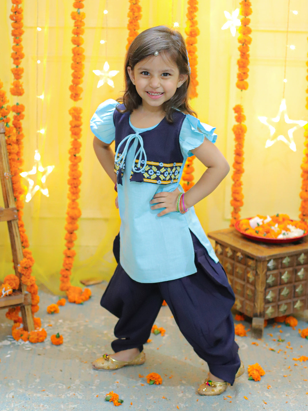 BownBee Girls Embroidered Attached Jacket With Cotton Kurti Dhoti Suits - Blue