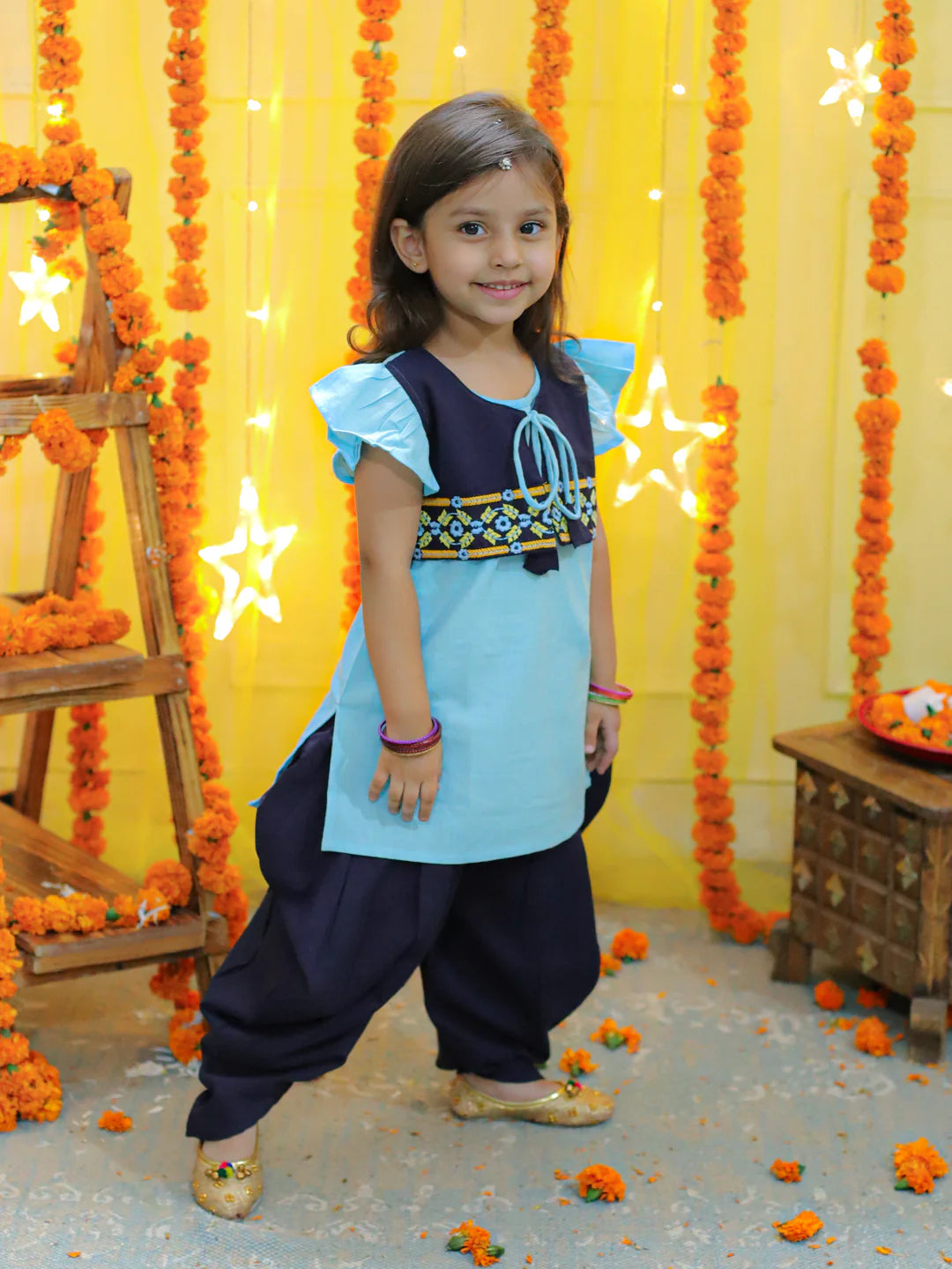 BownBee Embroidered Jacket With Cotton Kurti Dhoti for Girls