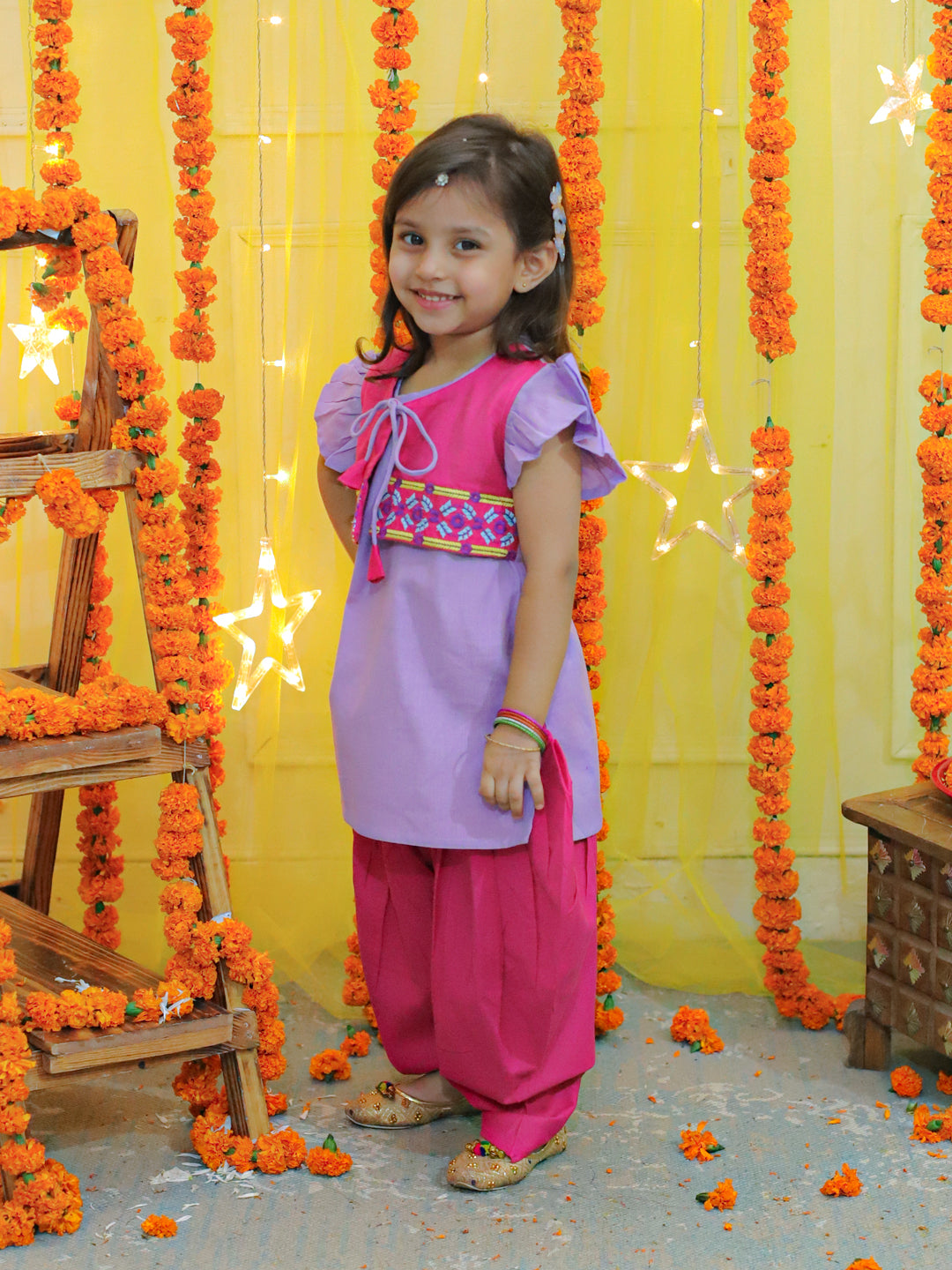 BownBee Girls Embroidered Attached Jacket With Cotton Kurti Dhoti Suits - Pink
