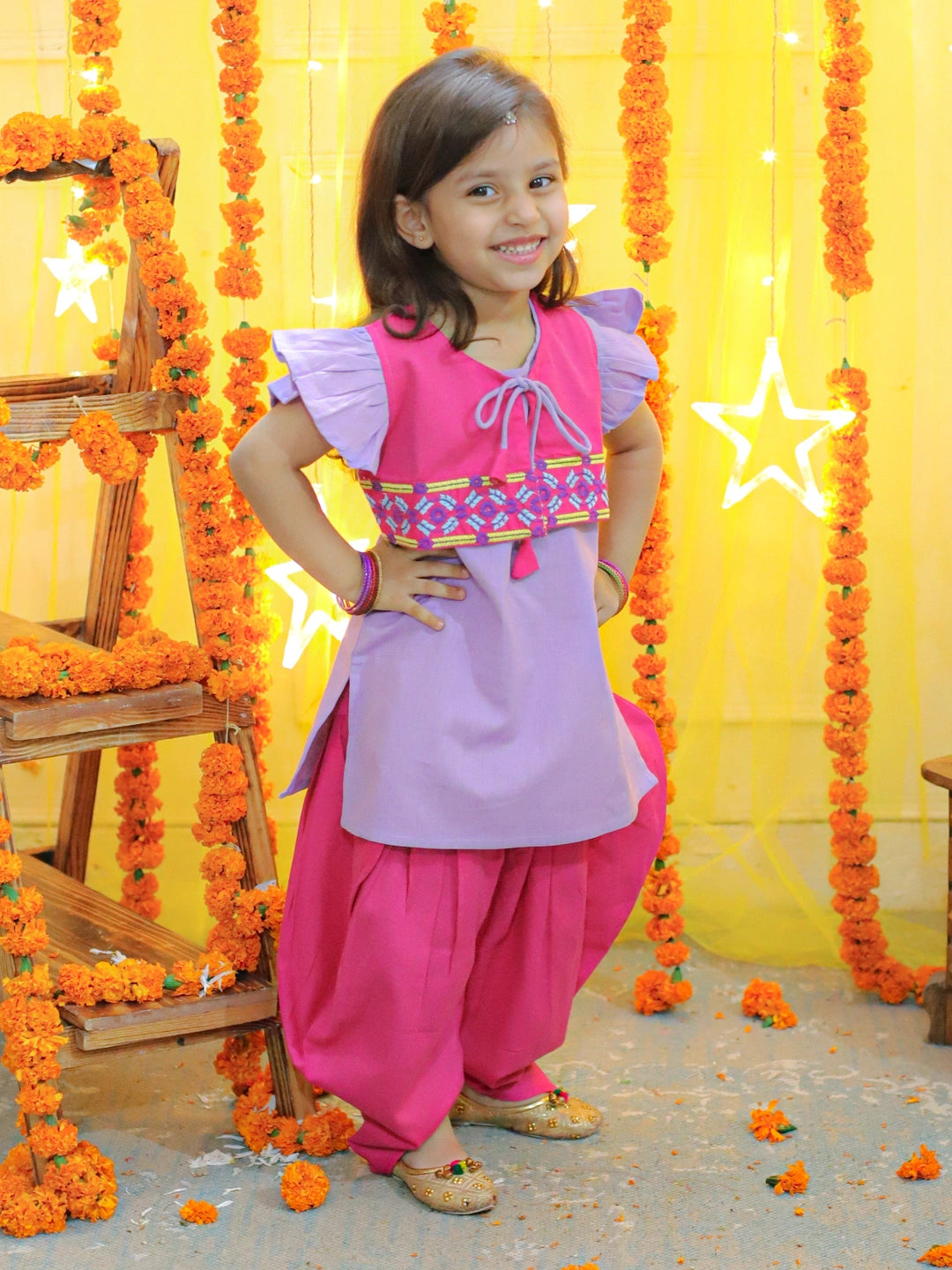 BownBee Embroidered Jacket With Cotton Kurti Dhoti for Girls