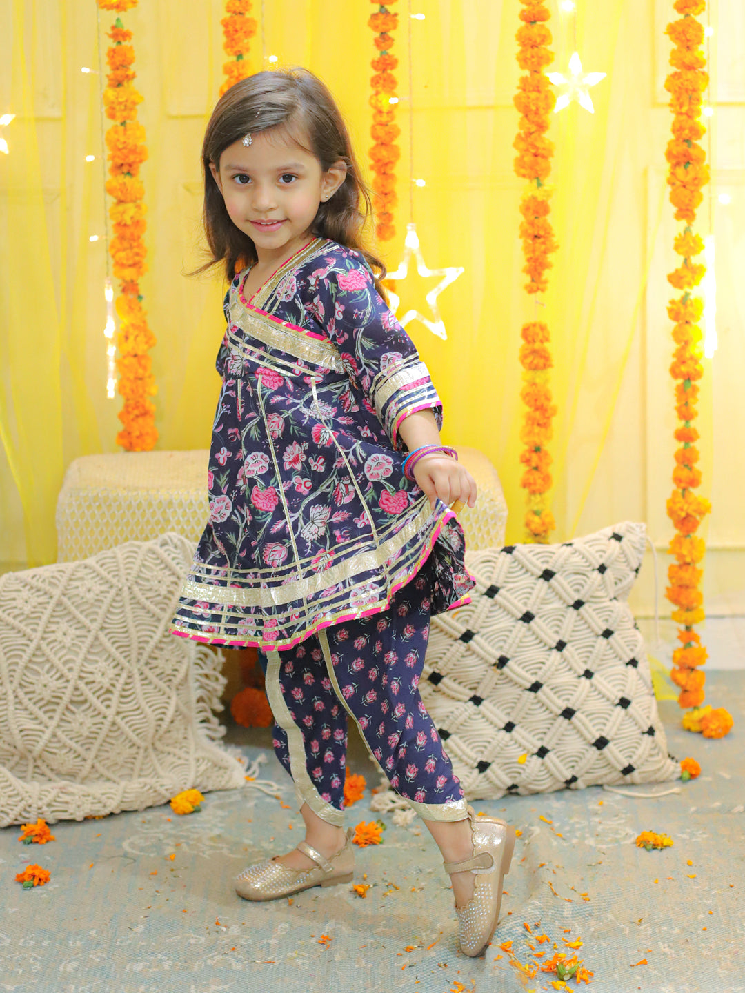 BownBee Sibling Set Pure Cotton Full Sleeve Printed Kurta with Printed Dhoti- Blue with Pure Cotton 3/4th Sleeve Anarkali Kurta with Dhoti- Blue