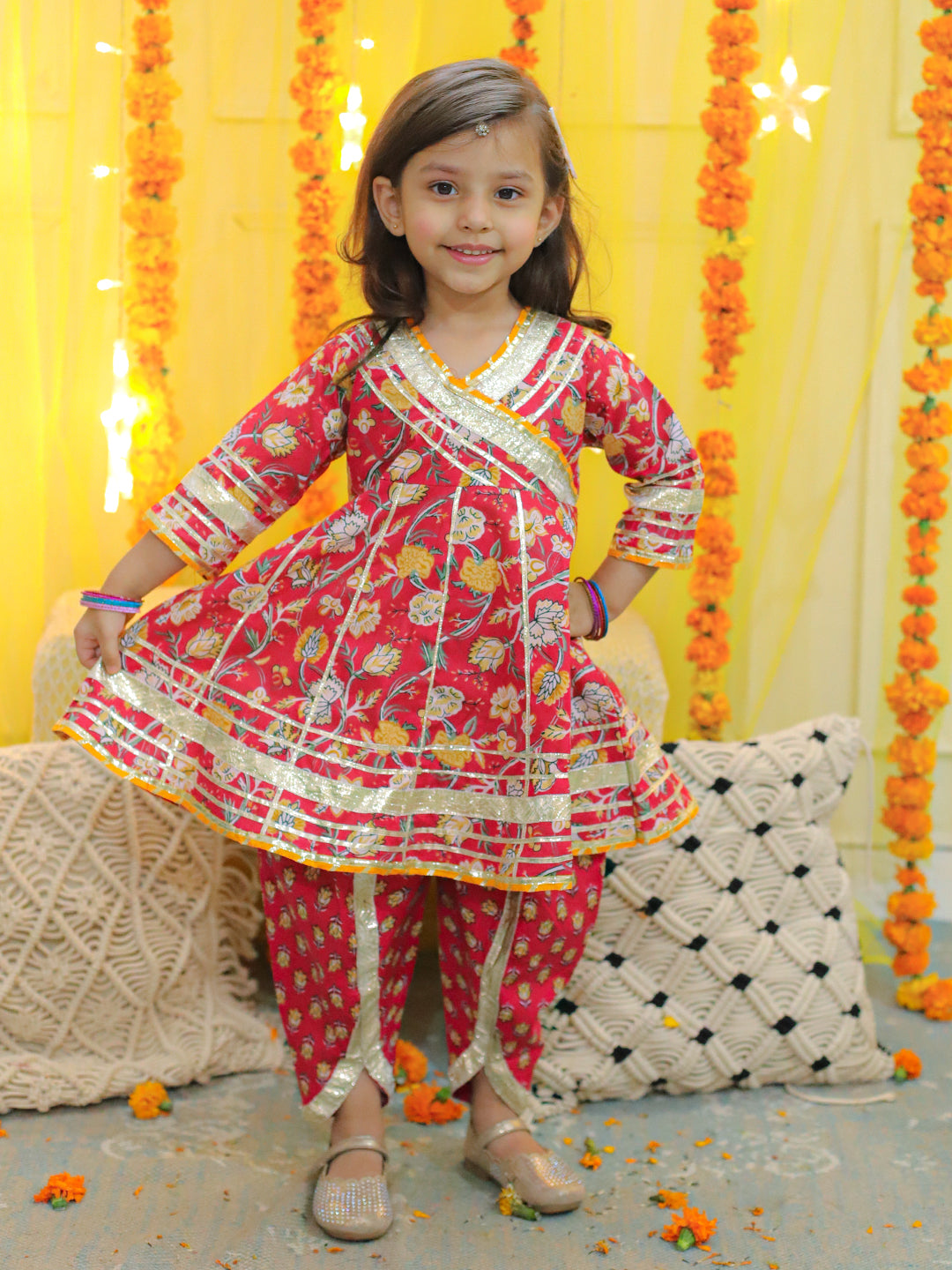 BownBee Sibling Set Pure Cotton Full Sleeve Printed Kurta with Printed Dhoti- Red with Pure Cotton 3/4th Sleeve Anarkali Kurta with Dhoti- Red