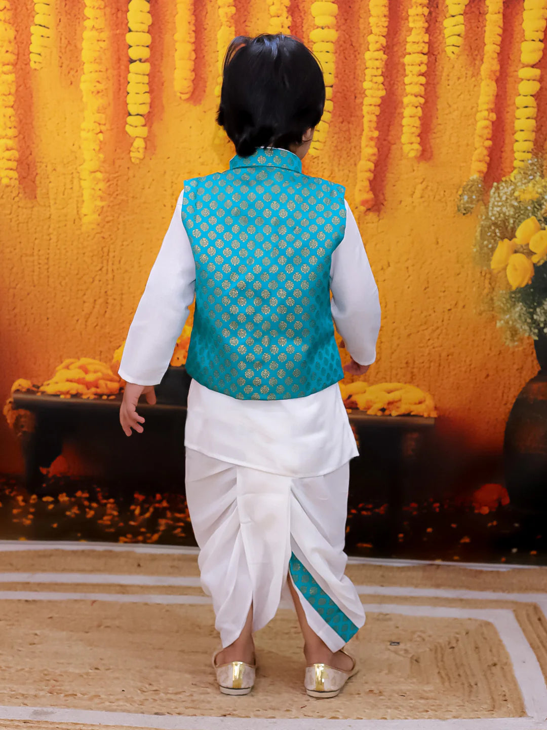 BownBee Full Sleeve Dhoti Kurta with Jacquard Jacket Set for Boys