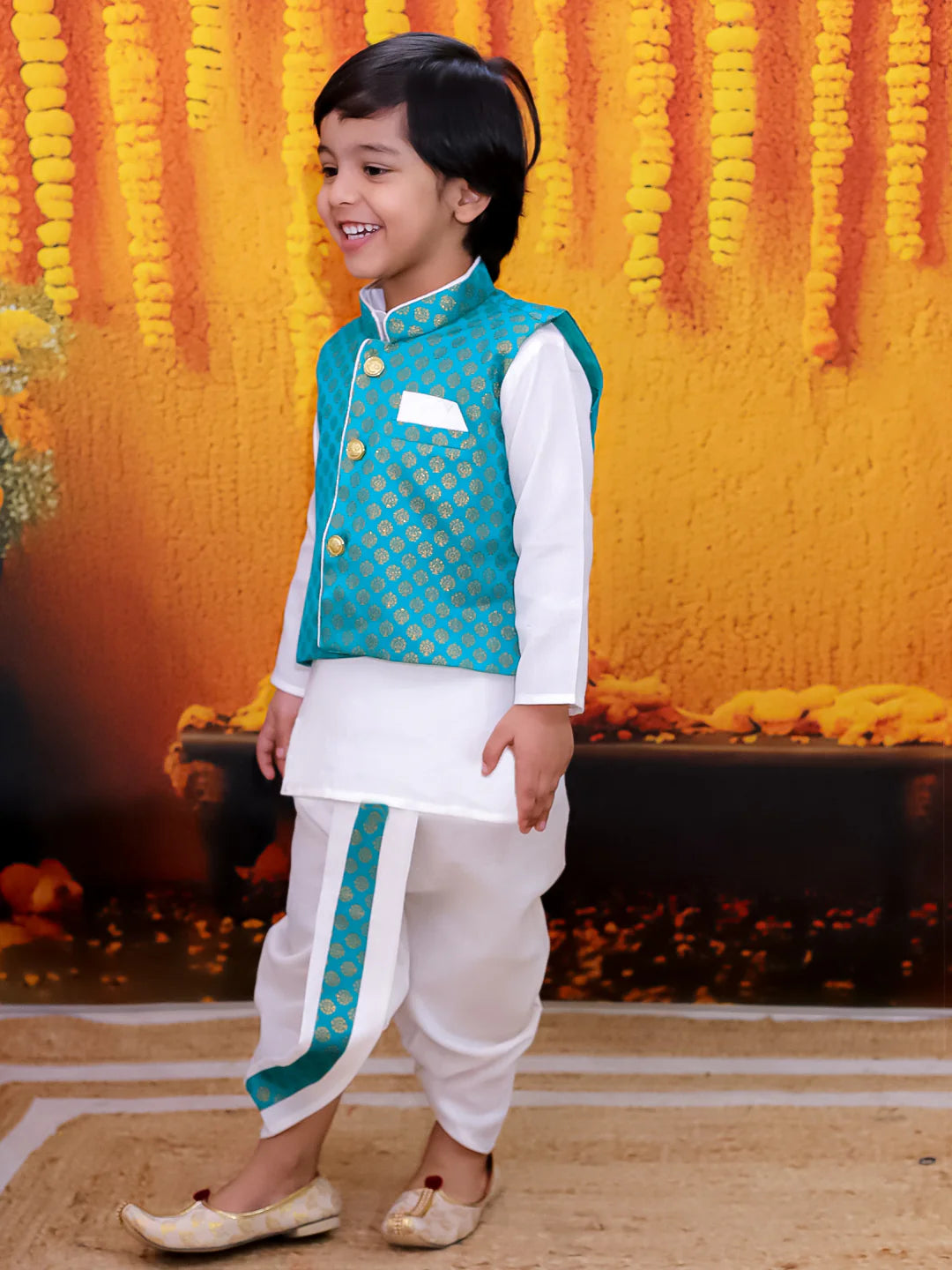 BownBee Full Sleeve Dhoti Kurta with Jacquard Jacket Set for Boys