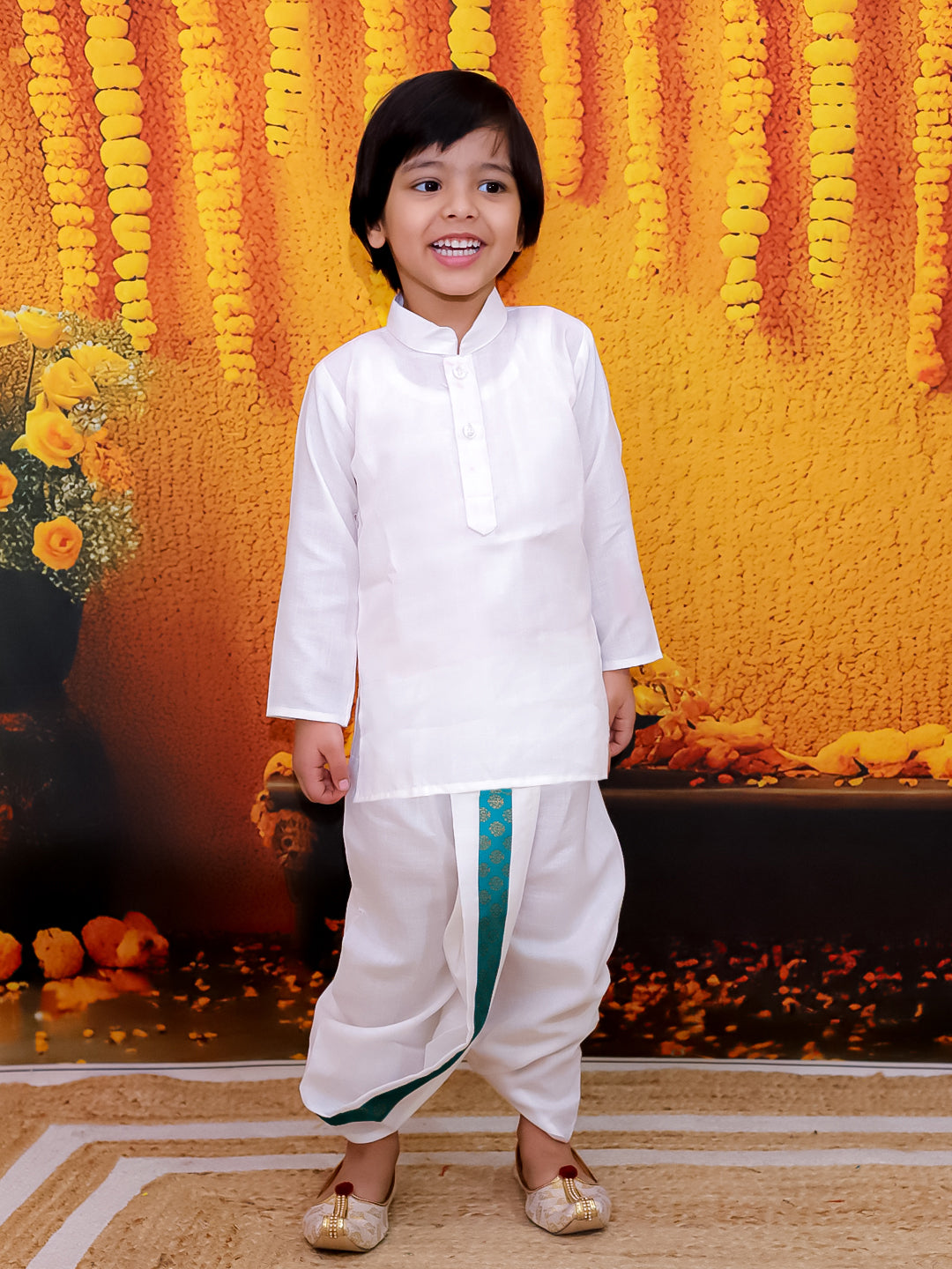 BownBee Full Sleeve Dhoti Kurta with Jacquard Jacket Set for Boys- Green