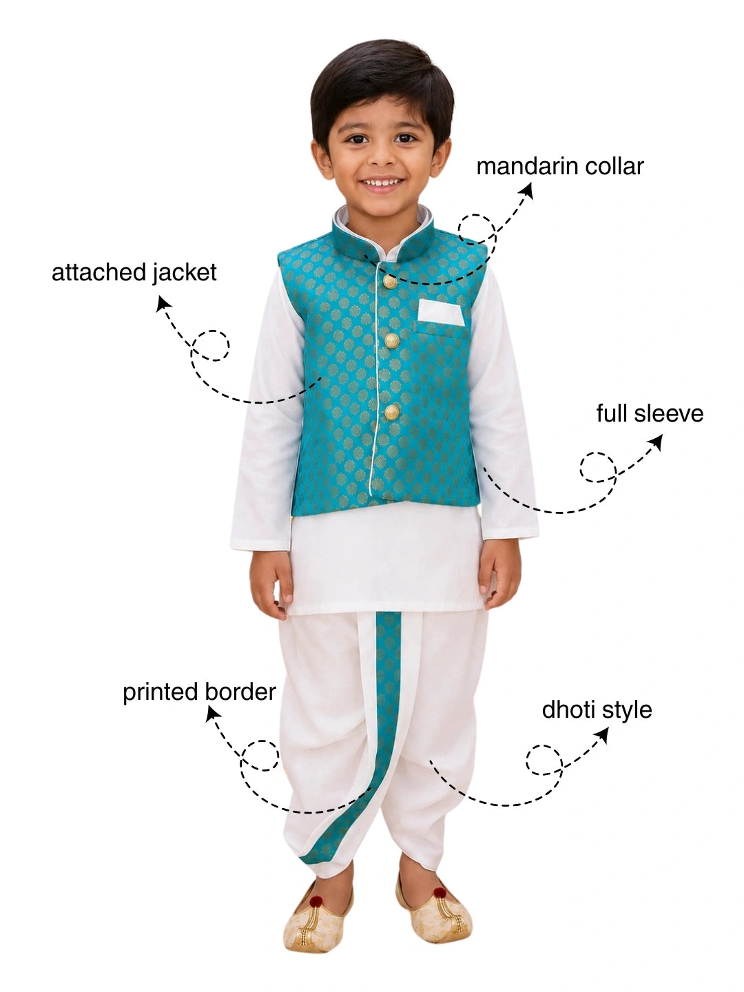 Bownbee Full Sleeve Dhoti Kurta with Jacquard Jacket Set for Boys