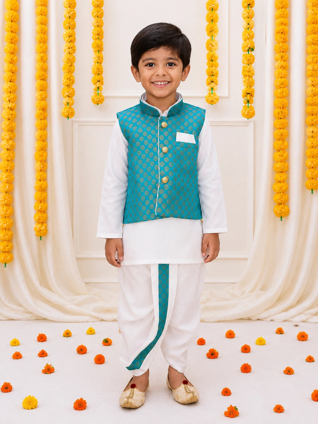 Bownbee Full Sleeve Dhoti Kurta with Jacquard Jacket Set for Boys