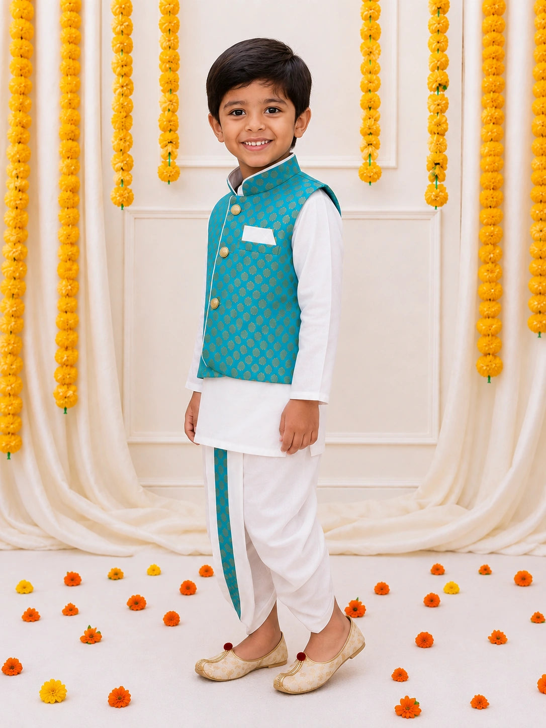 Bownbee Full Sleeve Dhoti Kurta with Jacquard Jacket Set for Boys