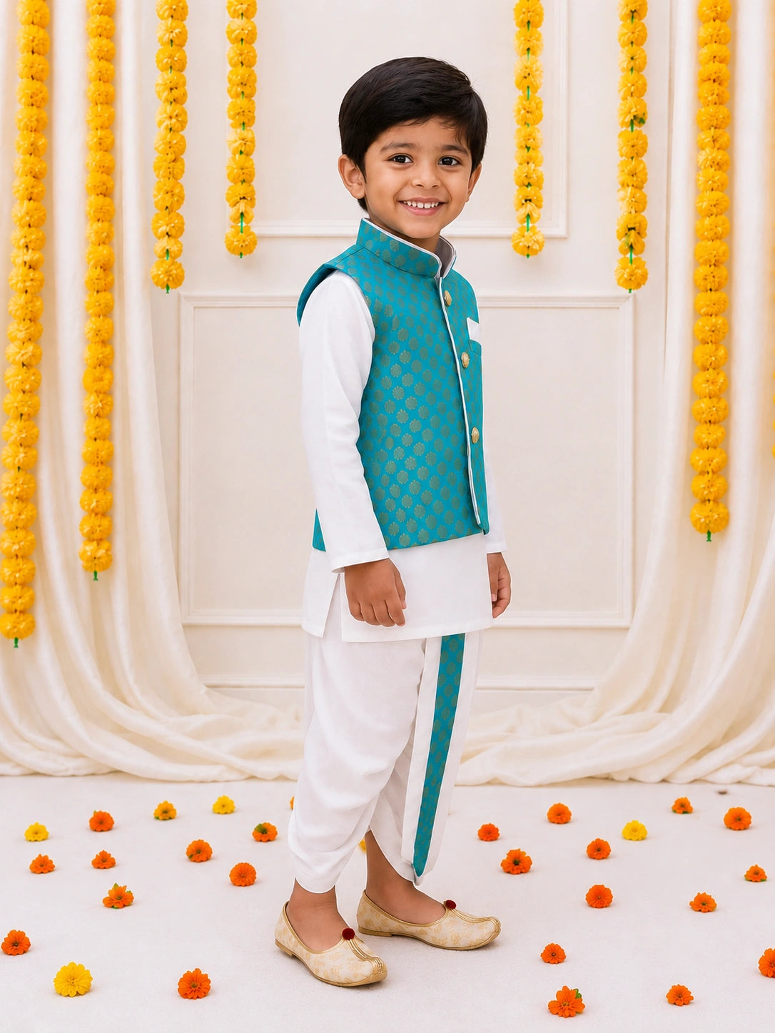 Bownbee Full Sleeve Dhoti Kurta with Jacquard Jacket Set for Boys