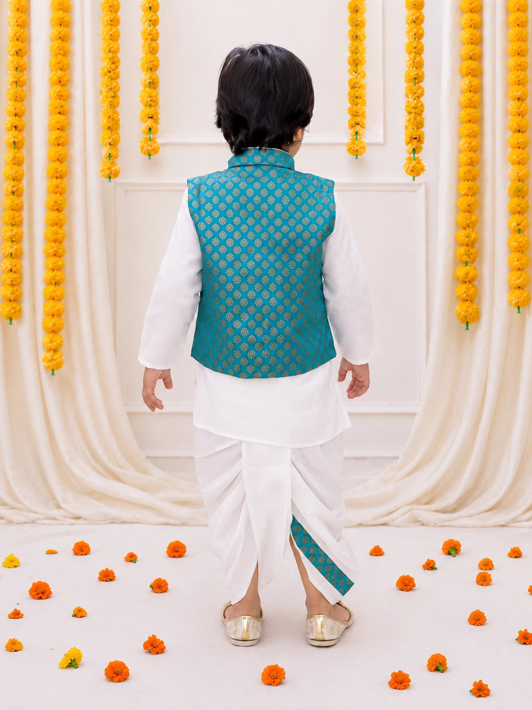 Bownbee Full Sleeve Dhoti Kurta with Jacquard Jacket Set for Boys
