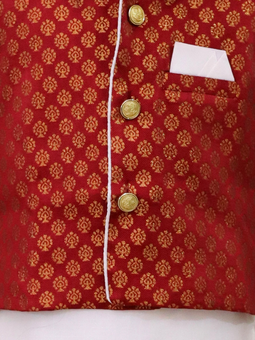 BownBee Full Sleeve Dhoti Kurta with Jacquard Jacket Set for Boys- Maroon