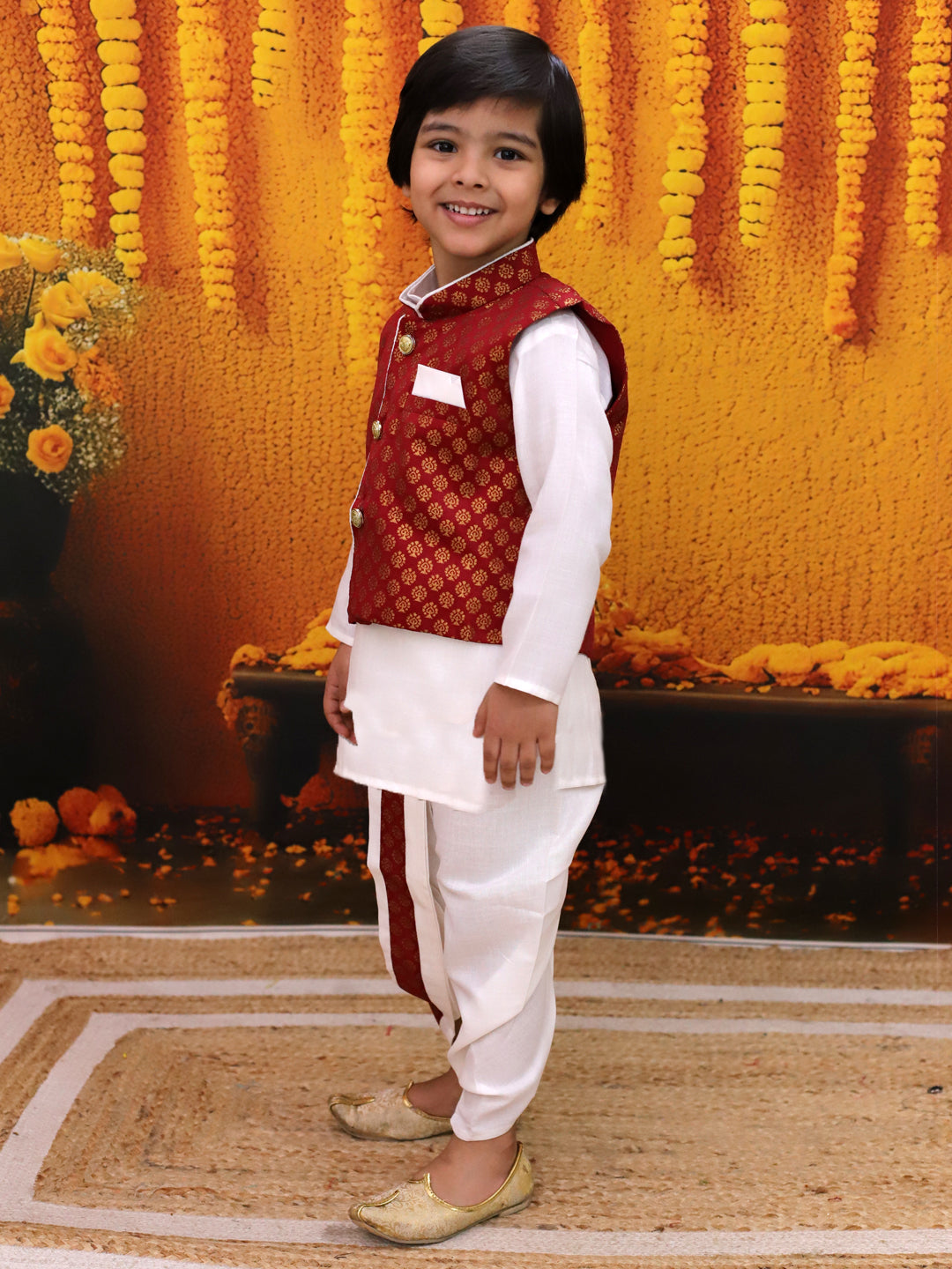BownBee Full Sleeve Dhoti Kurta with Jacquard Jacket Set for Boys- Maroon