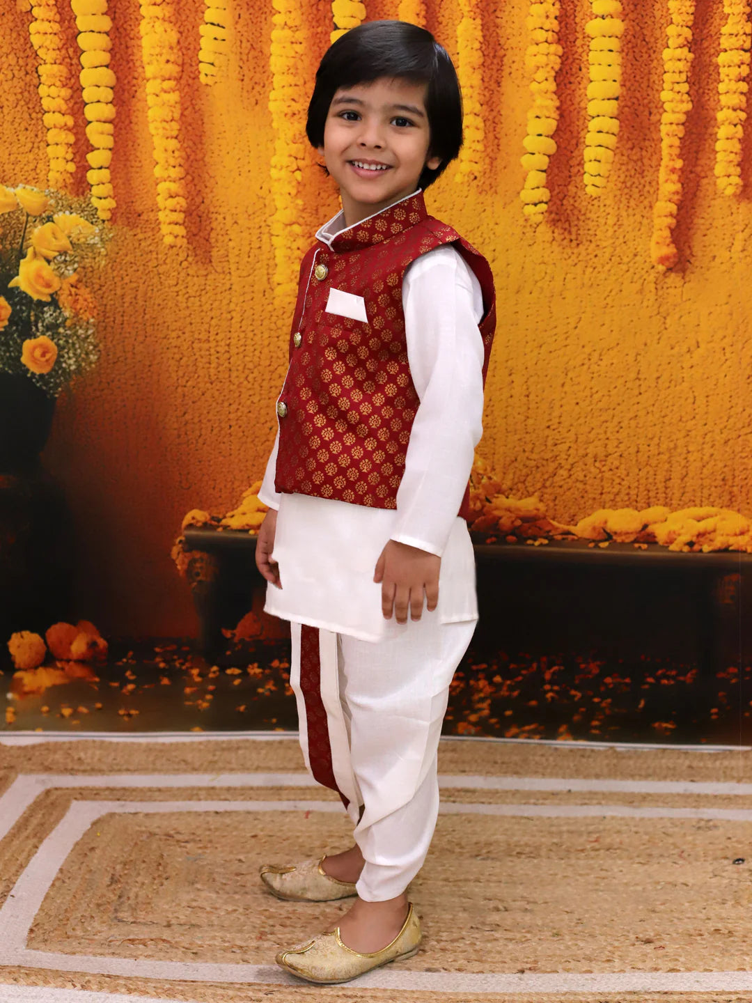 BownBee Full Sleeve Dhoti Kurta with Jacquard Jacket Set for Boys
