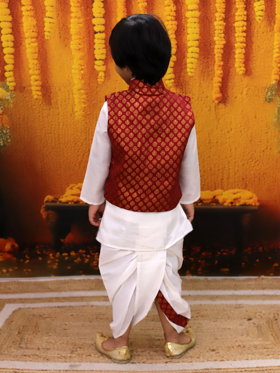 BownBee Full Sleeve Dhoti Kurta with Jacquard Jacket Set for Boys- Maroon