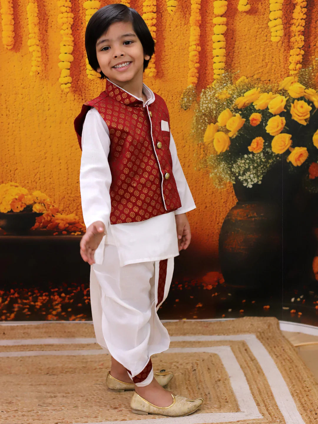 BownBee Full Sleeve Dhoti Kurta with Jacquard Jacket Set for Boys