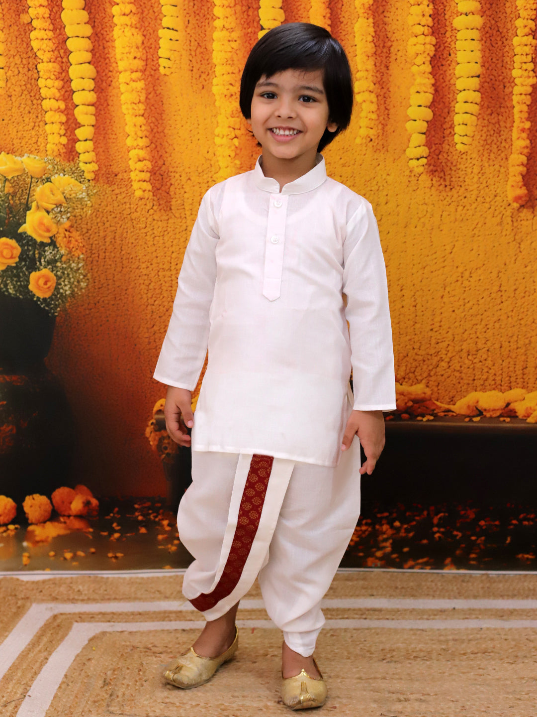 BownBee Full Sleeve Dhoti Kurta with Jacquard Jacket Set for Boys- Maroon