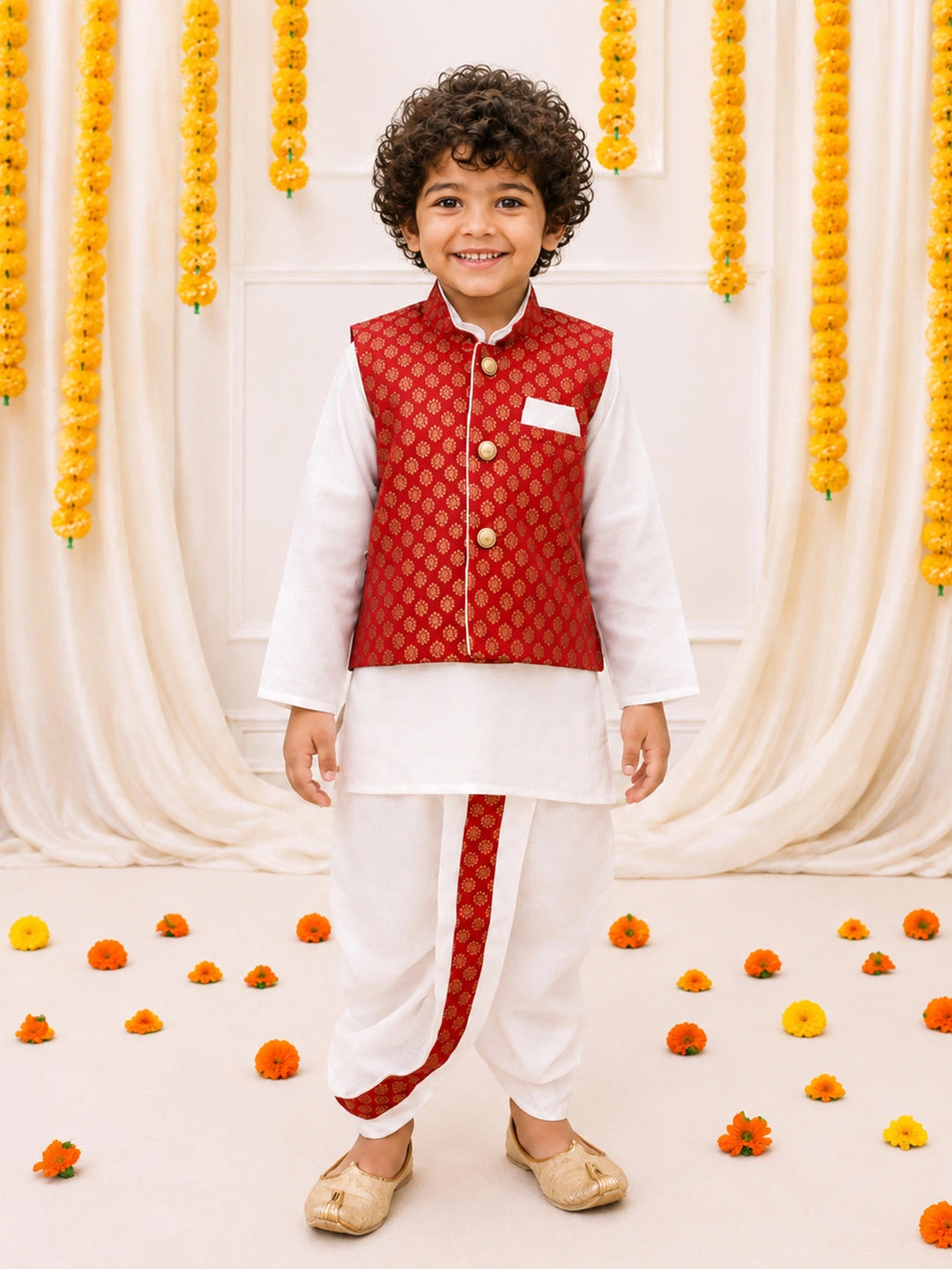 Bownbee Full Sleeve Dhoti Kurta with Jacquard Jacket Set for Boys - Maroon