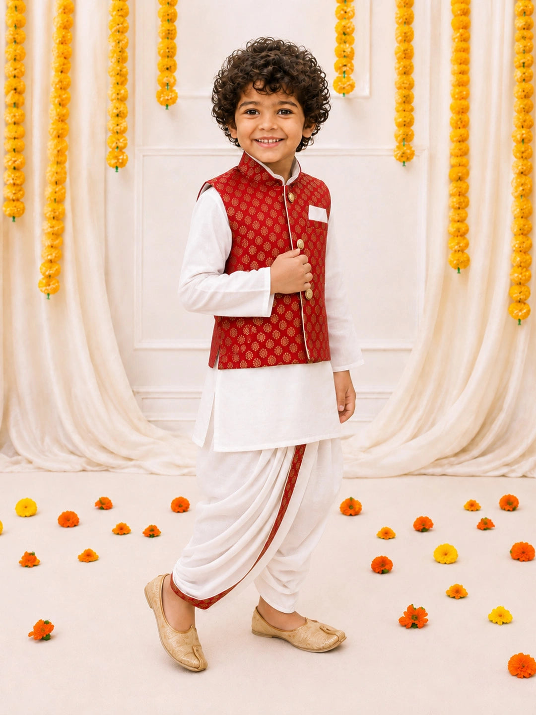 Bownbee Full Sleeve Dhoti Kurta with Jacquard Jacket Set for Boys - Maroon