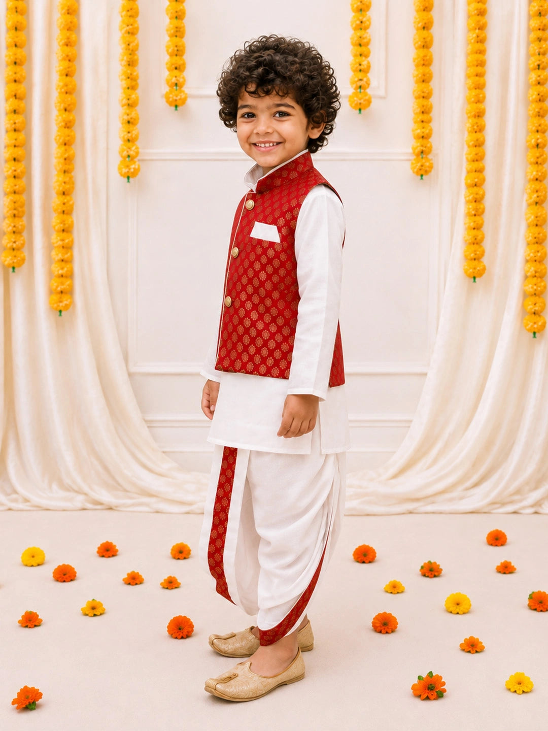 Bownbee Full Sleeve Dhoti Kurta with Jacquard Jacket Set for Boys - Maroon