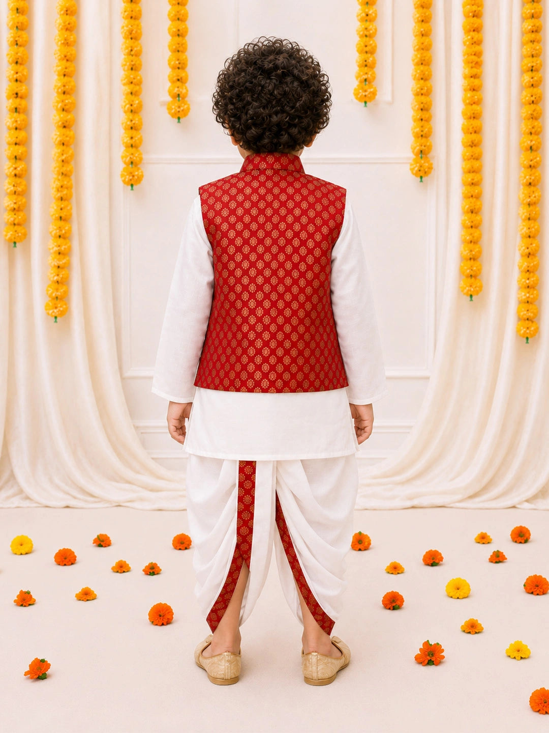 Bownbee Full Sleeve Dhoti Kurta with Jacquard Jacket Set for Boys - Maroon