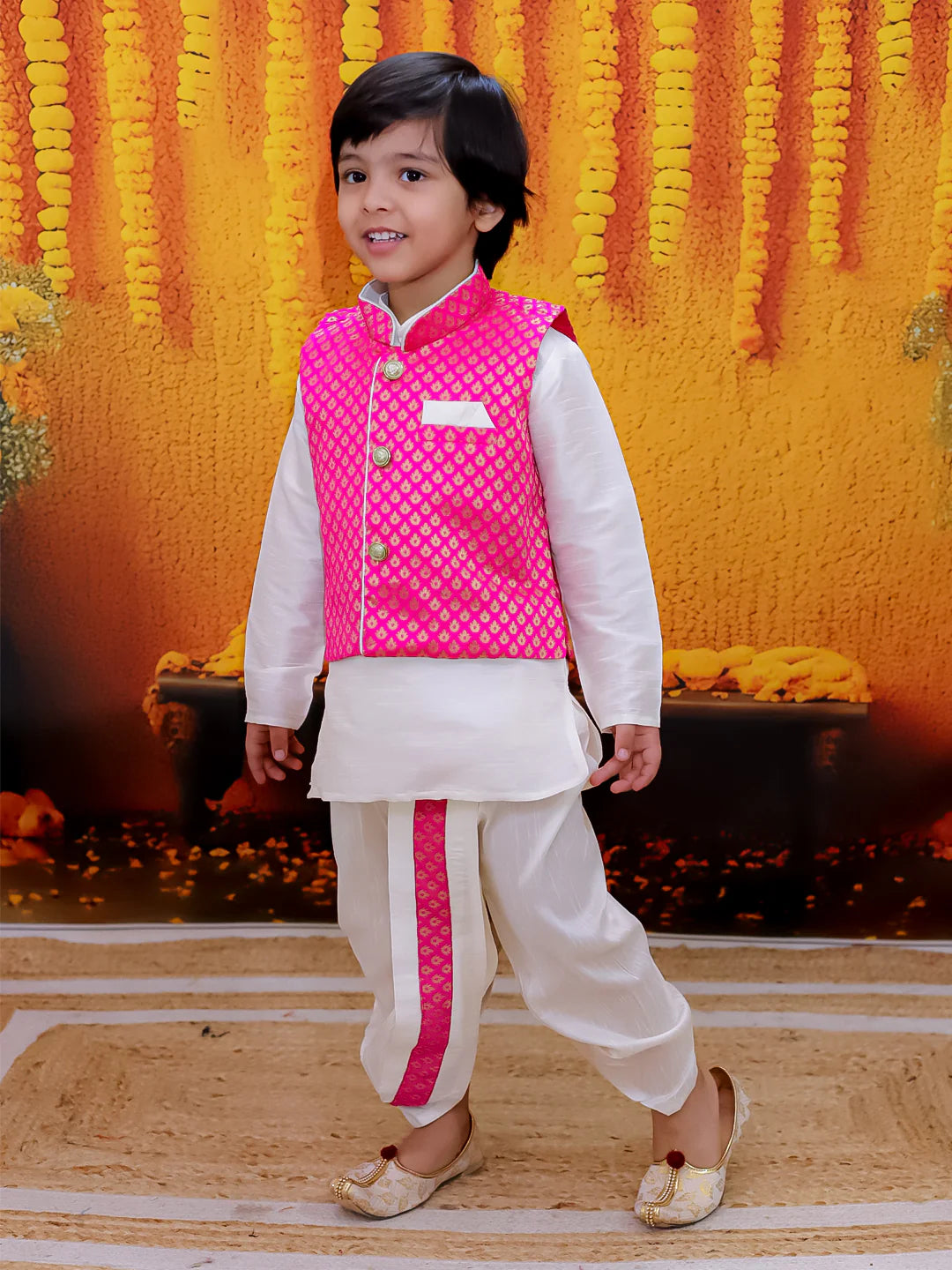 BownBee Full Sleeve Dhoti Kurta with Jacquard Jacket Set for Boys