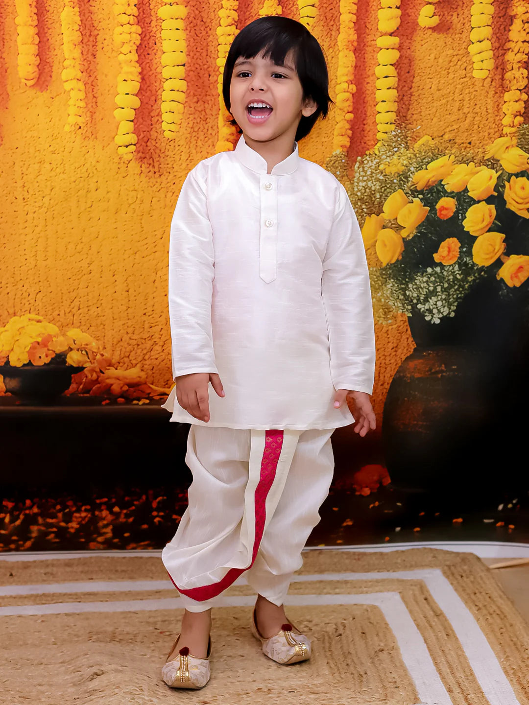 BownBee Full Sleeve Dhoti Kurta with Jacquard Jacket Set for Boys