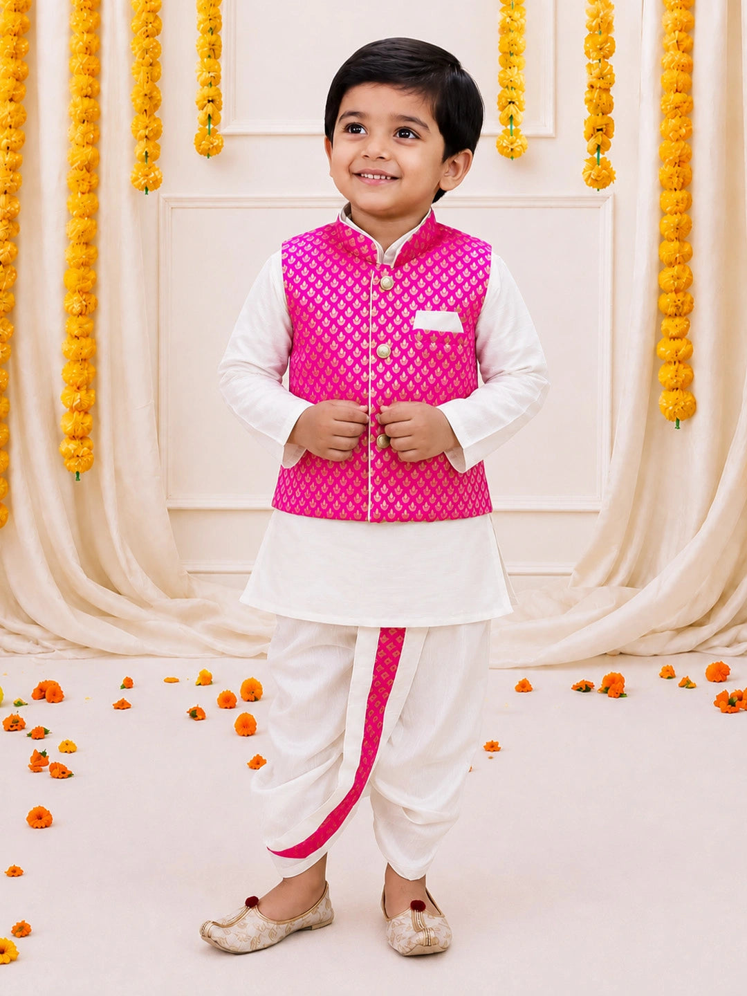 Bownbee Full Sleeve Dhoti Kurta with Jacquard Jacket Set for Boys - Pink